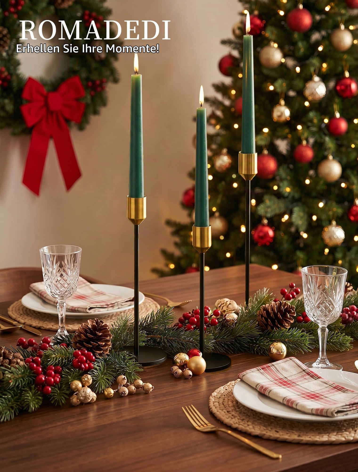 Romadedi Kerzenständer für Stabkerzen, 3er-Set, Gold und Schwarz | Metal Kerzenhalter Modern Drei Höhen: 22, 28 und 32 cm für Weihnachten Esstische, Hochzeiten und festliche Deko