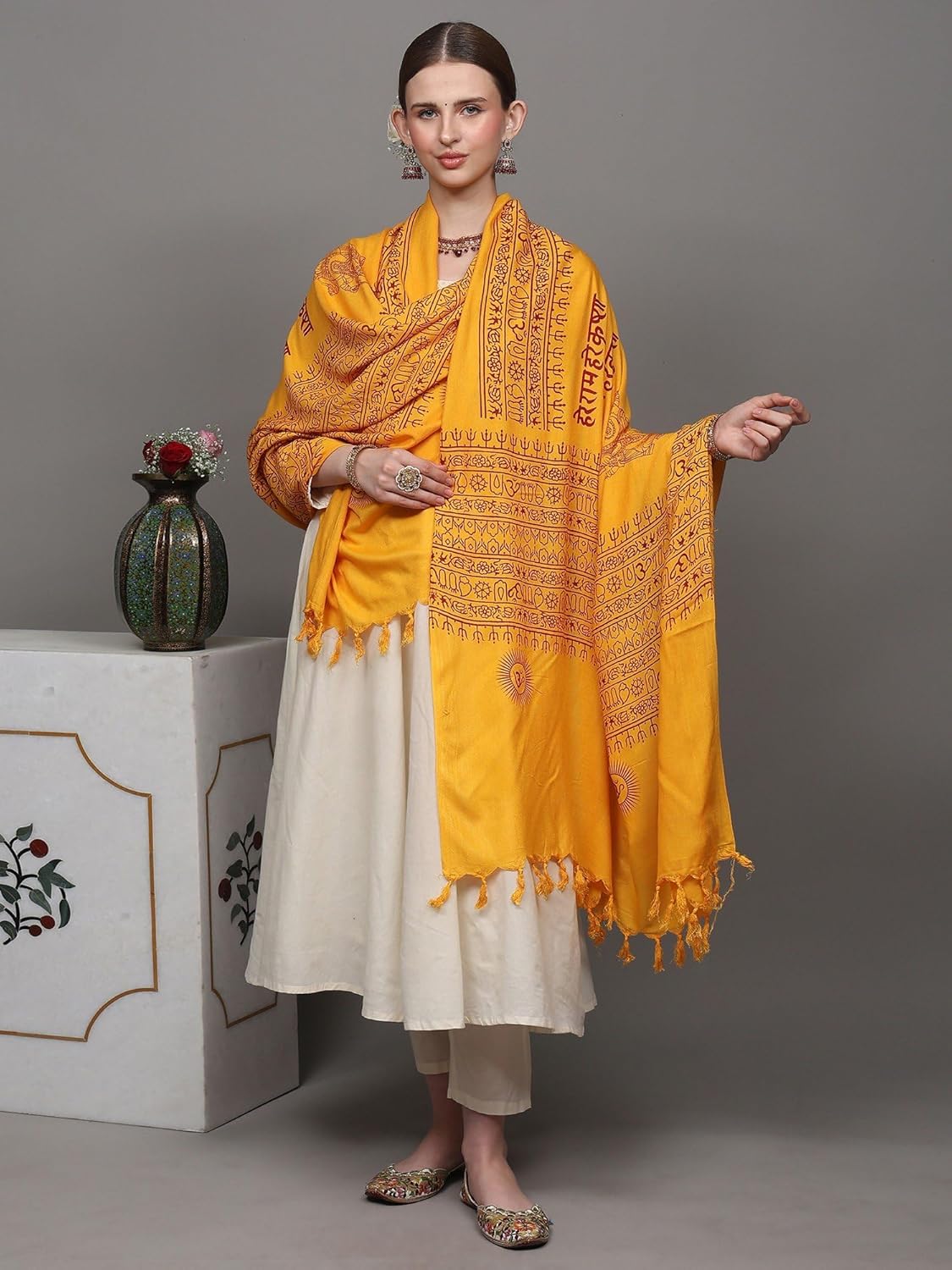 Exotic India Hare Rama Hare Krishna Prayer Shawl with Printed Ganesha - Yellow - Image 2