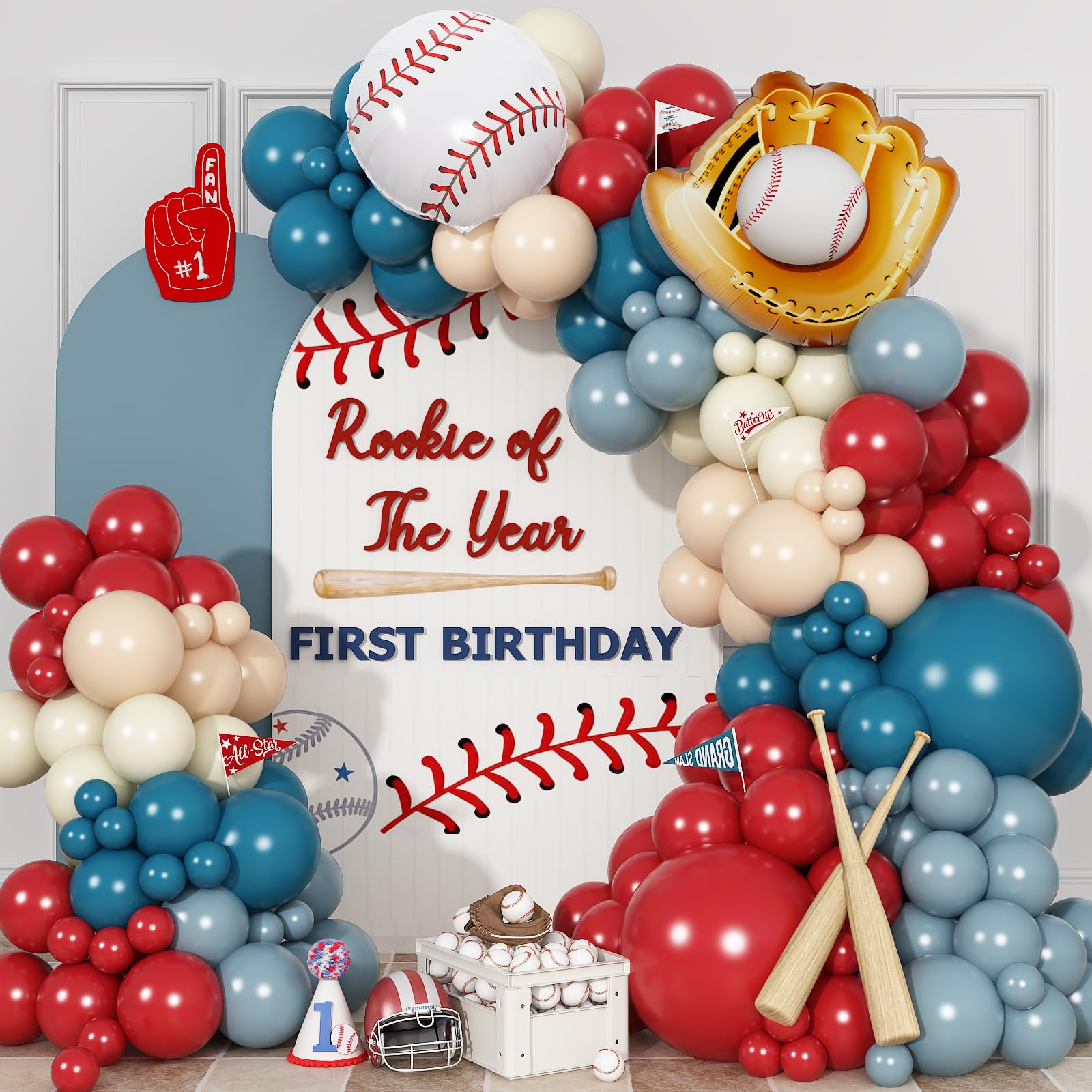 Baseball Balloon Arch Kit, Red Dusty Slate Blue Ivory Nude Balloon Garland for Baseball Birthday Party Decorations Boys Summer Baby Shower Rookie of The Year First Birthday Sport Themed Decorations