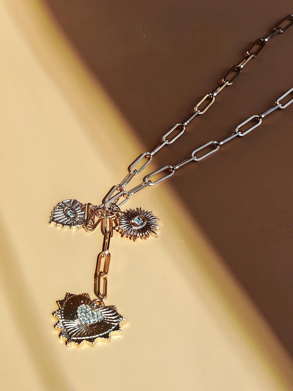 14K Gold Chain Link Necklace with Crystal Heart Charms, 3 Pendant Design, 37-44 cm