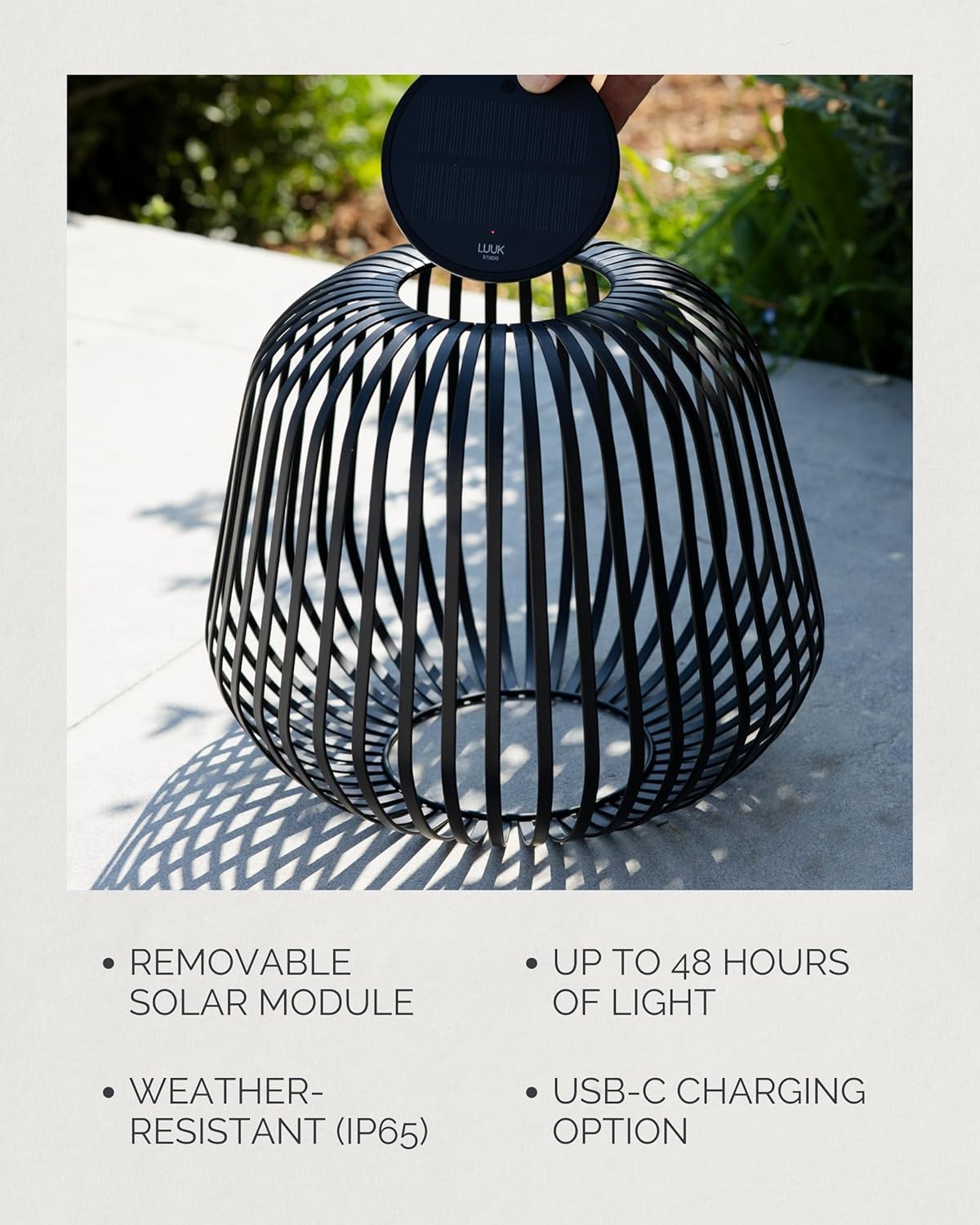 LUUK Studio Solis Wireless Solar LED Table Lamp, Warm White Dimmable Light, Cordless, Indoor & Outdoor, USB-C Rechargeable for Patio, Balcony, Living Room, Modern Minimalist Design, Black, Size M
