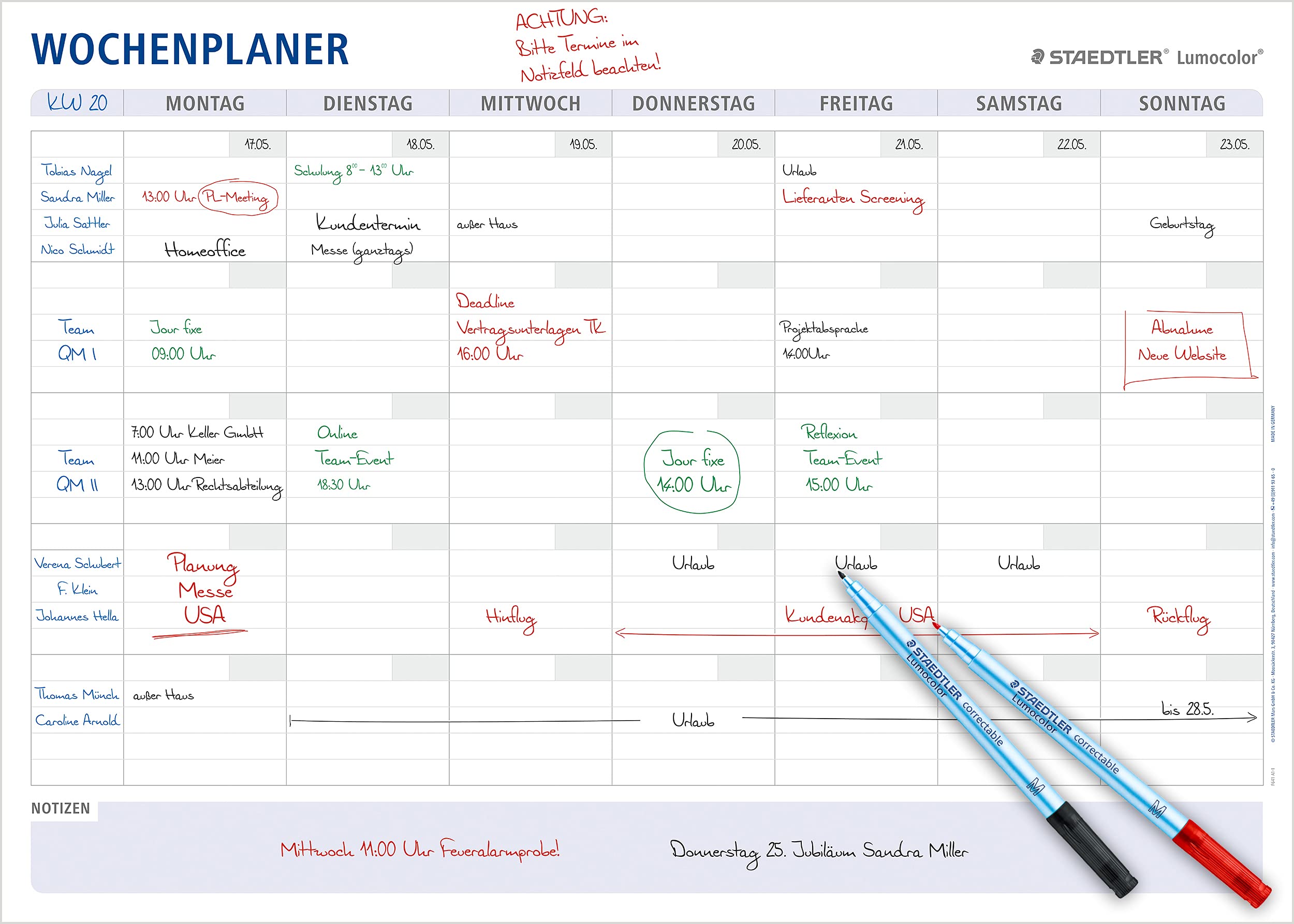 STAEDTLER Lumocolor 641 A1-​1 Agenda semainier réutilisable effaçable à sec Format A1 avec 2 stylos Lumocolor correctable M Rouge Noir et 2 pinces à stylo