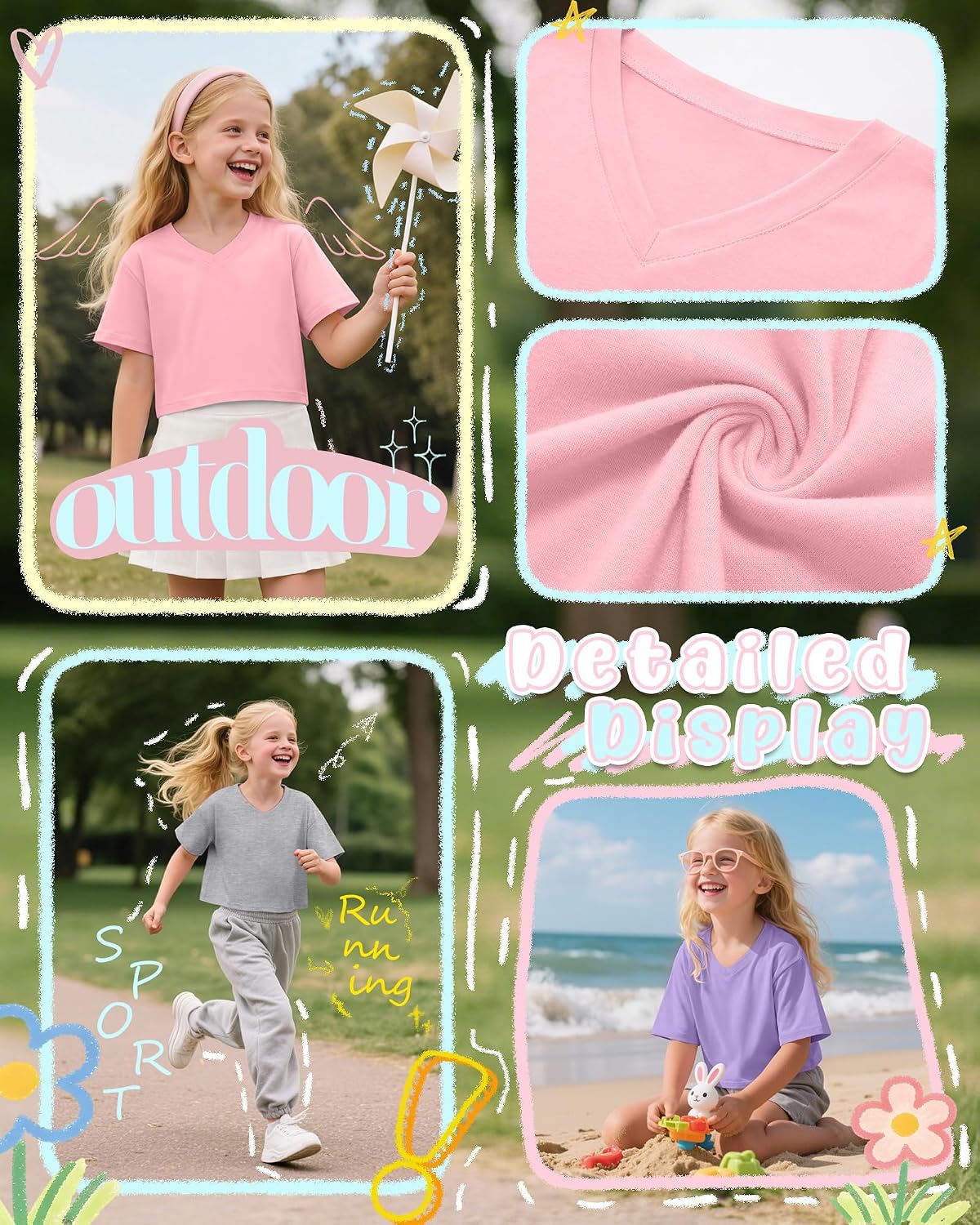 4 Pack Girls V Neck Crop Tops Short Sleeve Loose Fit T Shirts Summer Casual Cropped Top for Kids Size 5-14 Years