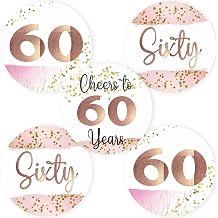 60th Birthday Stickers by Adore By Nat 2 Inch Round Milestone Retirement and Anniversary Party Favor Labels in Rose Gold and Pink Set of 30