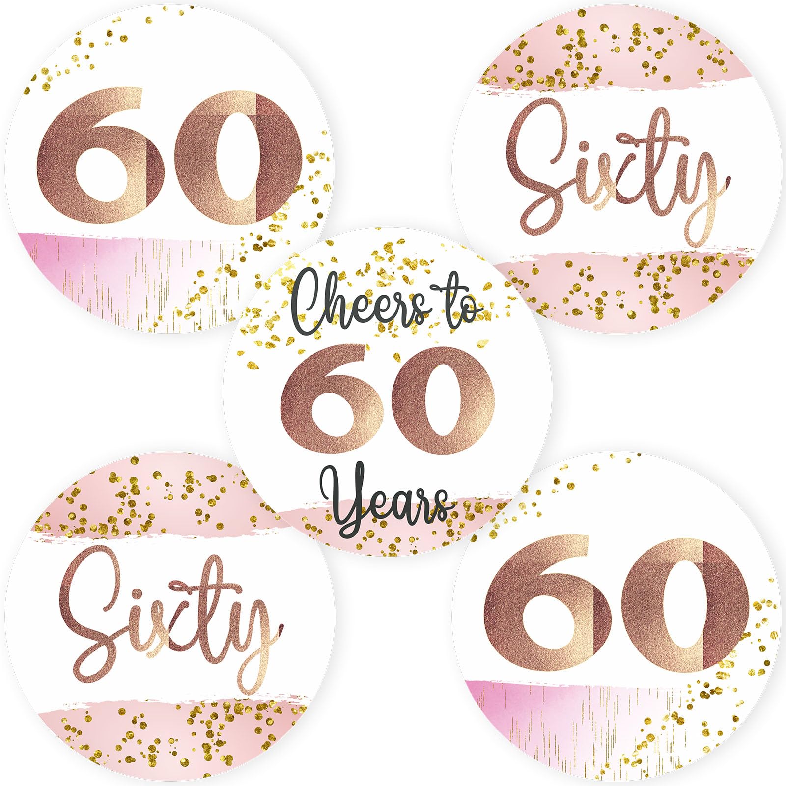 60th Birthday Stickers by Adore By Nat – 2 Inch Round Milestone Retirement and Anniversary Party Favor Labels in Rose Gold and Pink – Set of 30