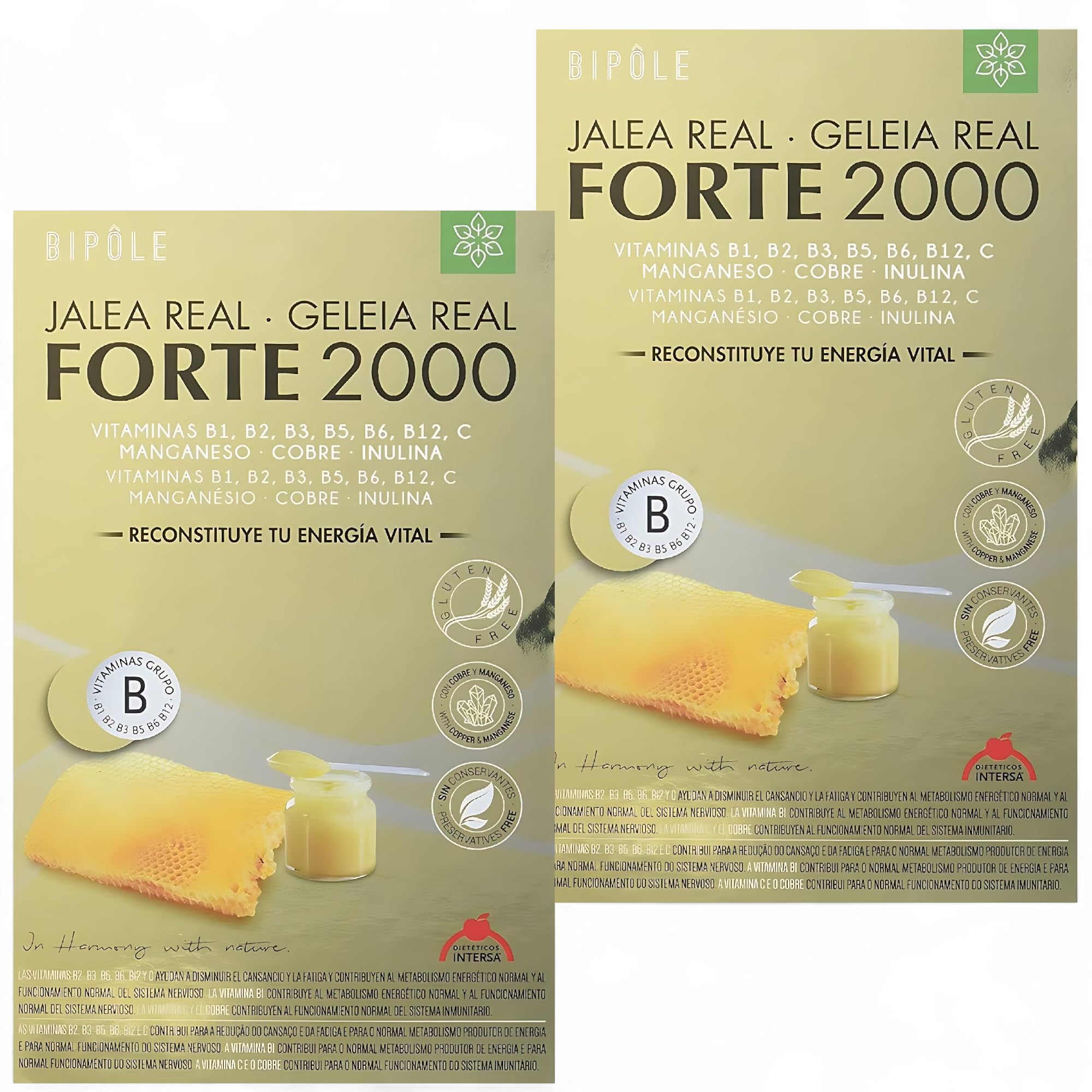Intersa Bipole Jalea Forte 2000 - Pack Ahorro 2 x 20 Ampollas - Con Vitaminas B2, B3, B5, B6, B12 y C - Contribuye a Disminuir el Cansancio y la Fatiga y al Funcionamiento Normal del Sistema Nervioso