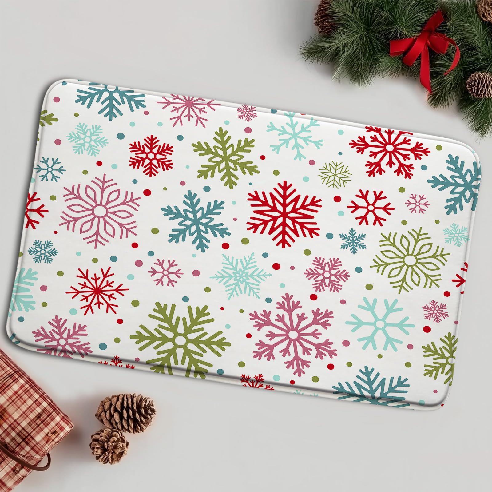 Winter Snowflake Bath Mat Merry Christmas Red Green Xmas Cute Holiday Happy New Year Bathtub Area Rugs Bathroom