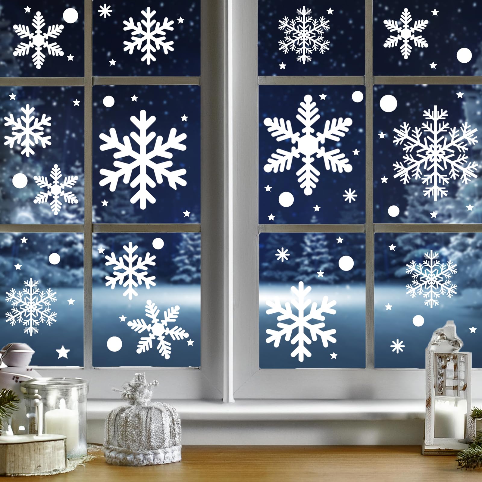 Zindoo Large Size Christmas Window Stickers 35x25cm, 228Pcs Reusable Snow Flakes Stickers 6 Sheets, Removable Static Christmas Snowflakes Window Clings for Christmas Window Decorations Party — image 1