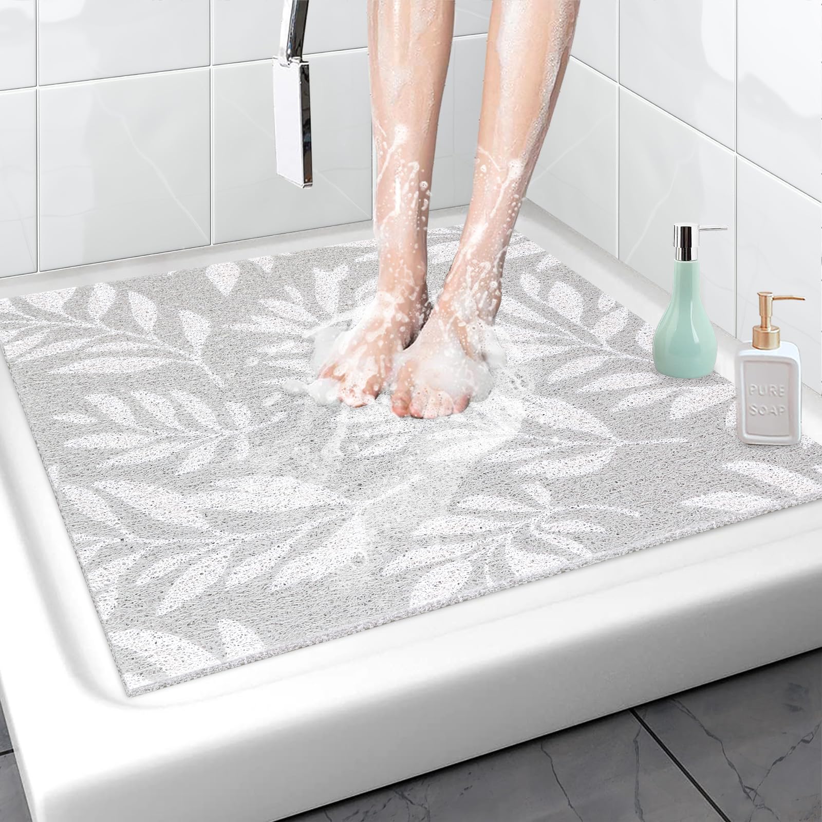 Tapis de douche antidérapant 80 x 80 cm, en PVC, uffa avec trous de drainage, doux, confortable, sécurité, séchage rapide, feuilles grises, 80 x 80 cm (carré)