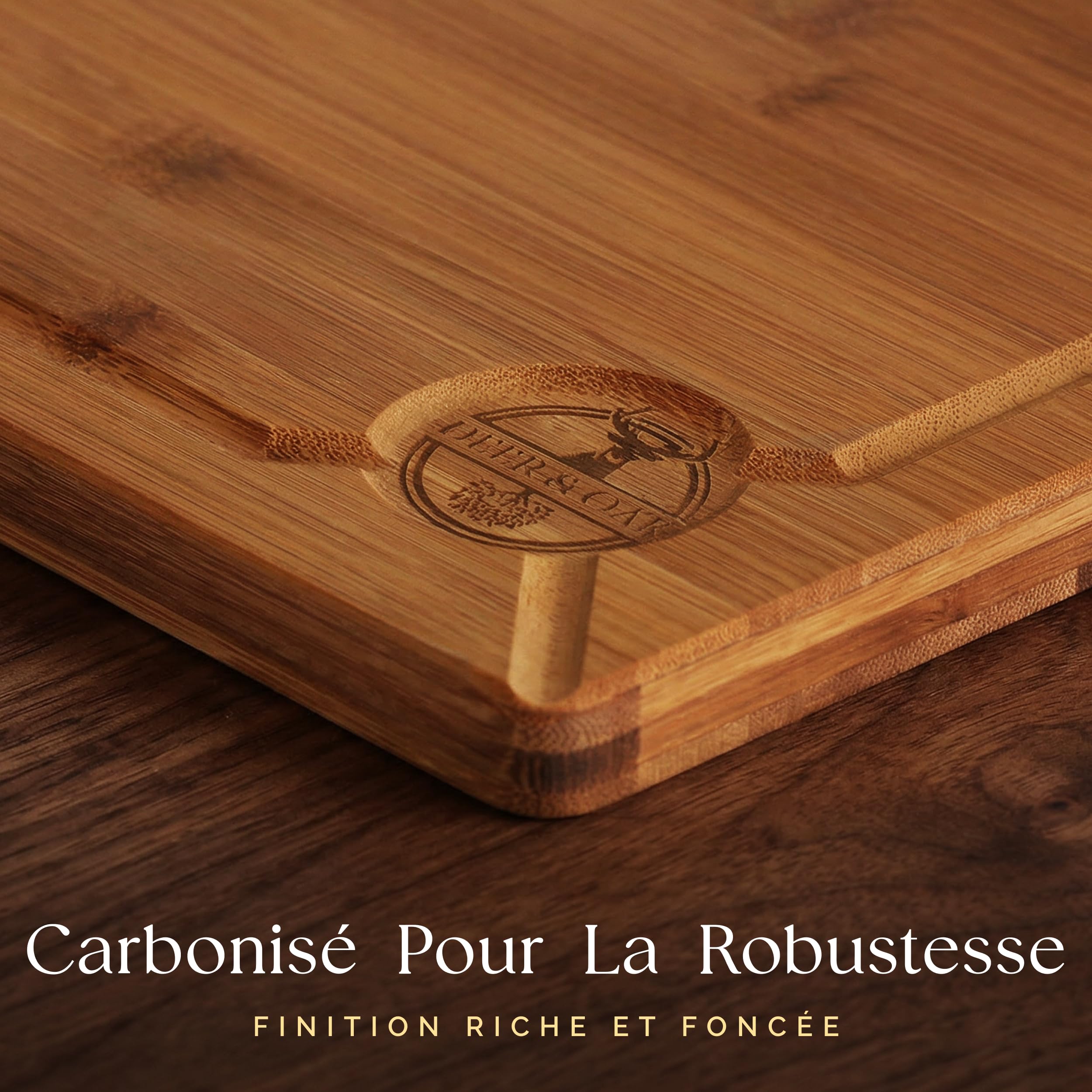 Deer & Oak Lot de 3 Planches à Découper Bambou Carbonisé Pré-huilées | Trou de suspension · Technologie 260 °C · Aussi pour le service de charcuterie