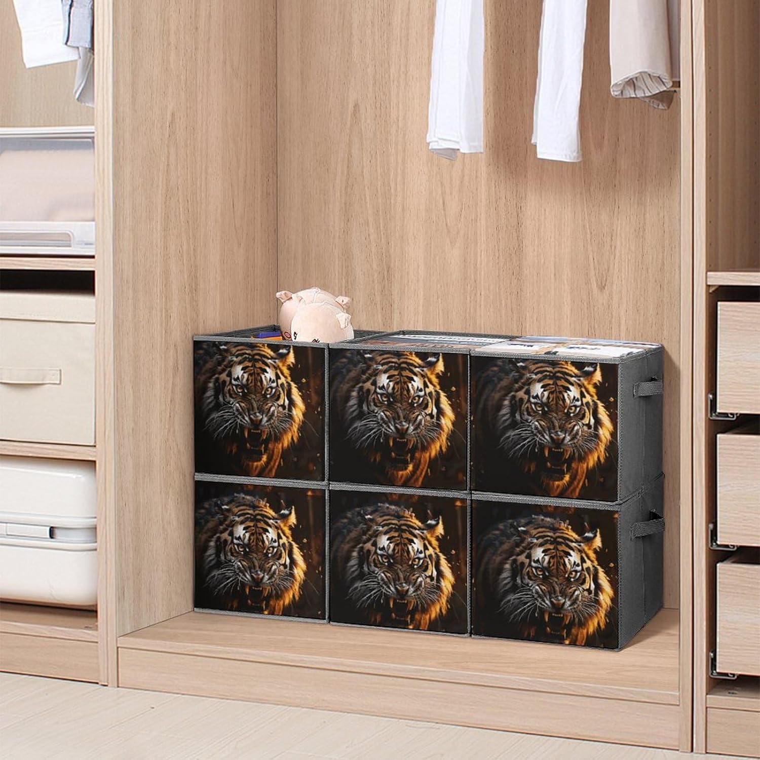 Ferocious Tiger Storage Cubes Set of 6 Storage Bins with Handles Collapsible Storage Basket Fabric Storage Box for Shelves Large Closet Shelf Organizer for Organization 11 Inch