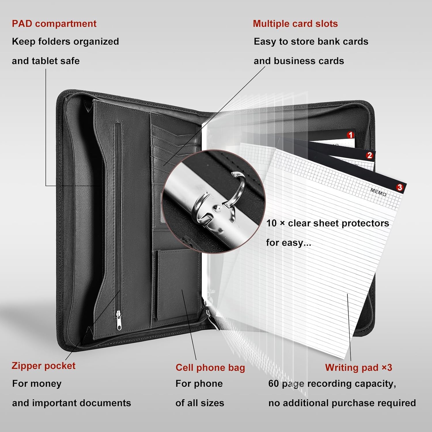 Leathario Portfolio Binder, Includes 10 Sheet Protectors and 3 Notepads, 3-Ring Folder Organizer, A4 Padfolio with Zipper, Vegan Leather Tablet Sleeve, Business Office Conference Clipboards - Image 4