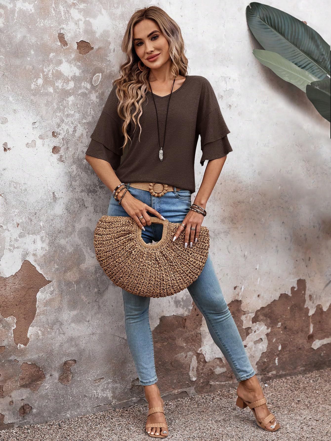 Womens Top Ruffle Sleeve Blouses V Neck T Shirts Casual Outfit Bell Sleeve Tee Spring Fall Summer Fashion Clothes Cute Tunic