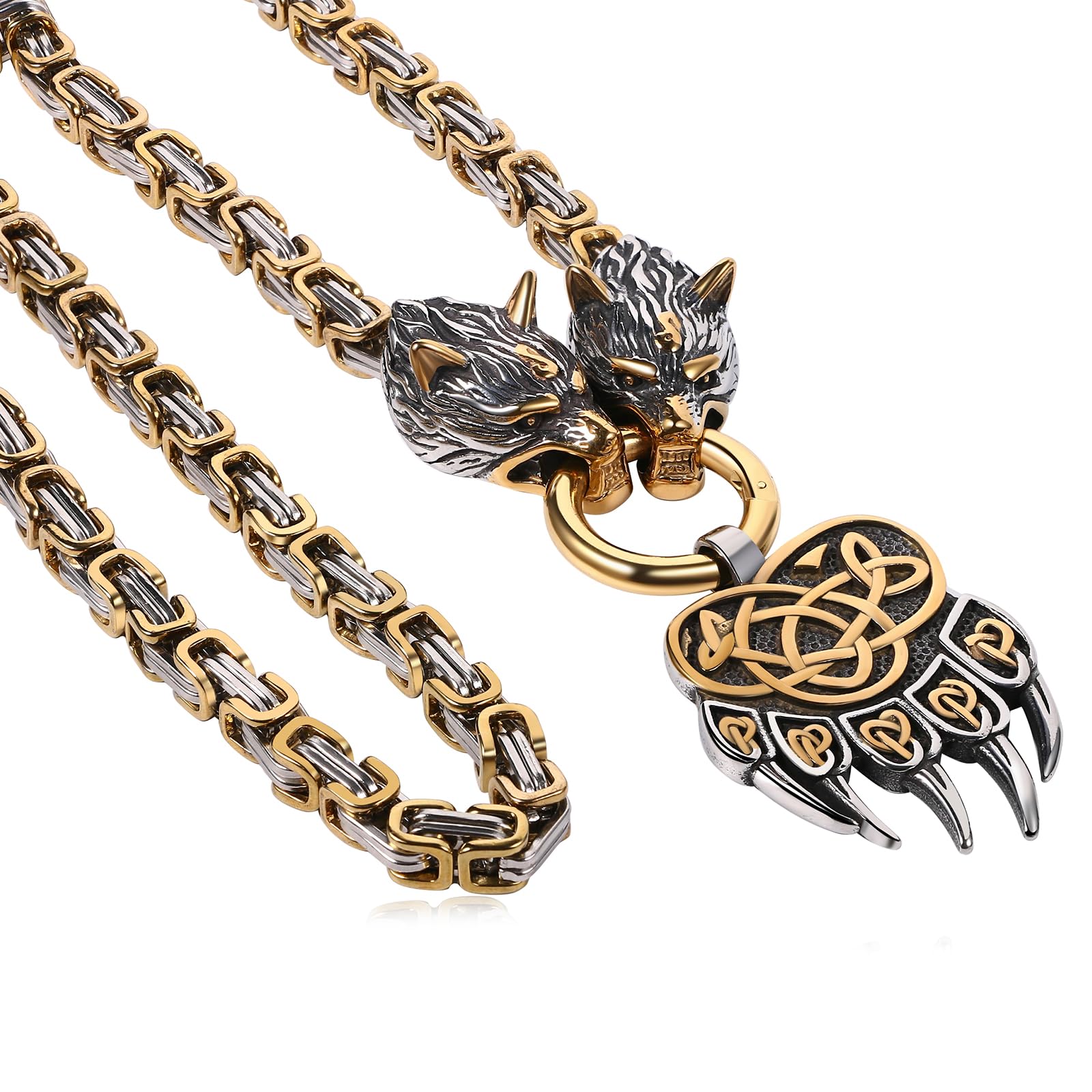 OIDEA Herren Wikinger Halskette mit Königskette: Schwer Punk Rock Wolfskopf Thors Hammer Anhänger Wolf Kopf Odin Bärenklaue Nordisch Viking Schmuck Geschenk für Männer Freund Vater