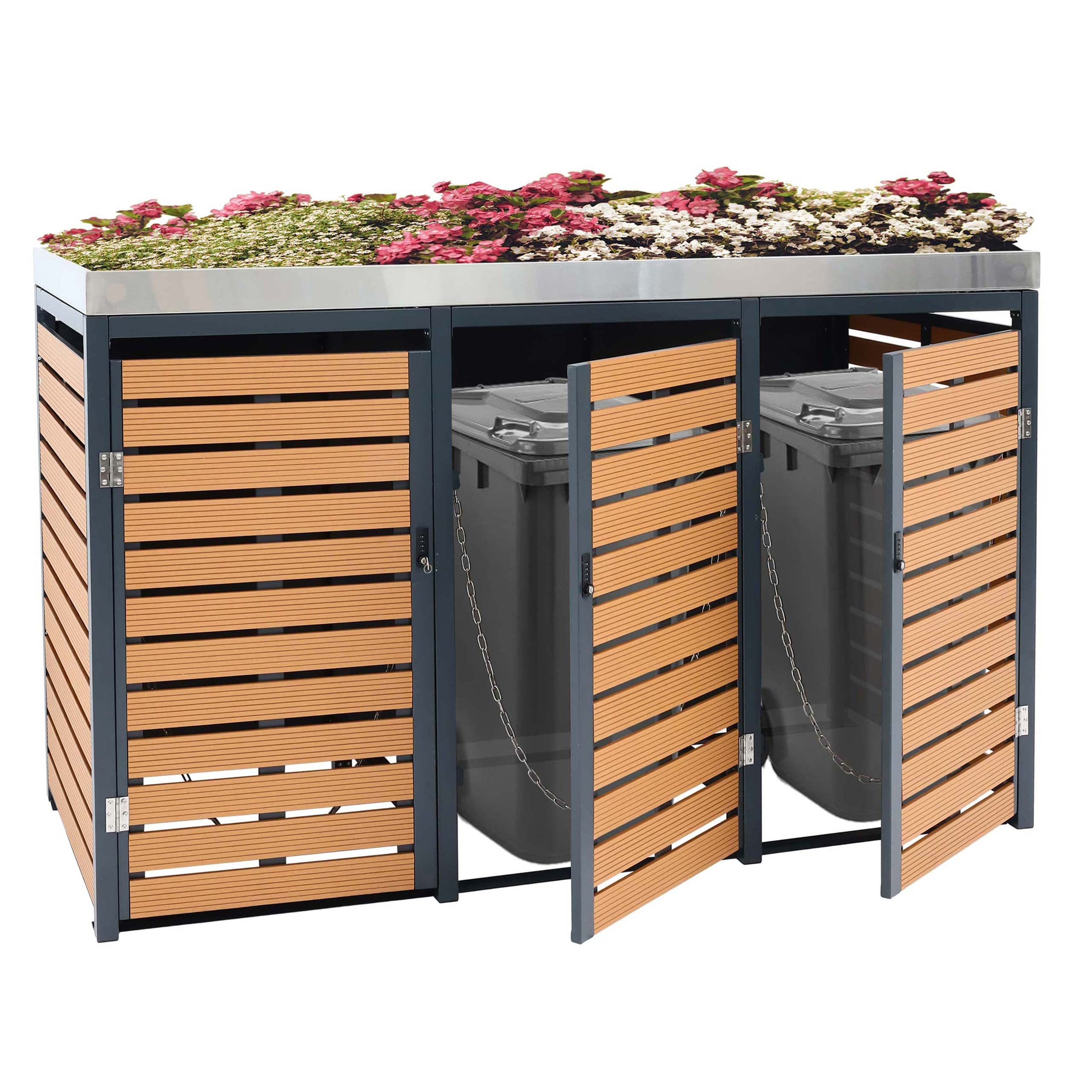 3x copribidoni box spazzatura rifiuti con fioriera HWC-K14 84x200x124cm metallo WPC - teak