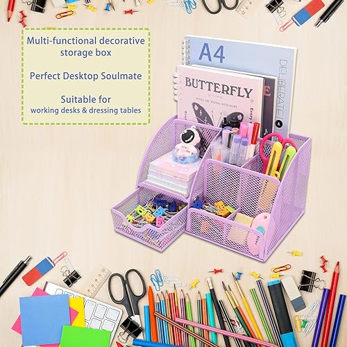 Miniatura 5 de Boutilon Organizador de escritorio de malla, suministros de oficina, organizador estacionario con 6 compartimentos y 1 cajón, soporte multifuncional