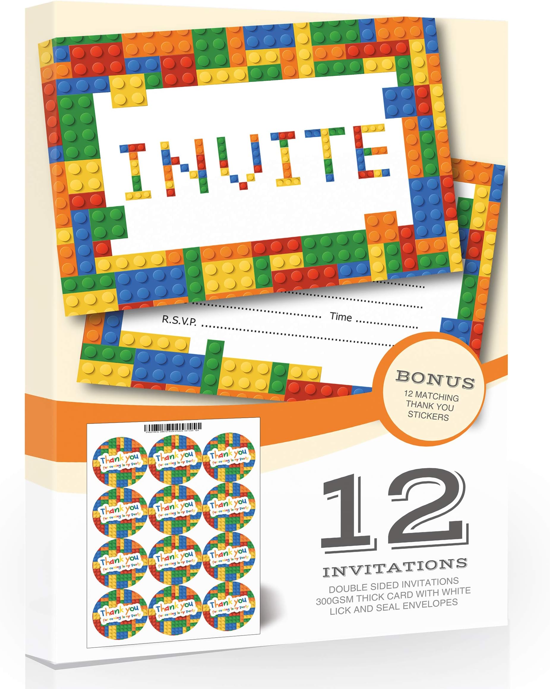 Olivia Samuel 12 x Toy Block Style Birthday Party Invitations with Matching Stickers - Ready to Write with Envelopes