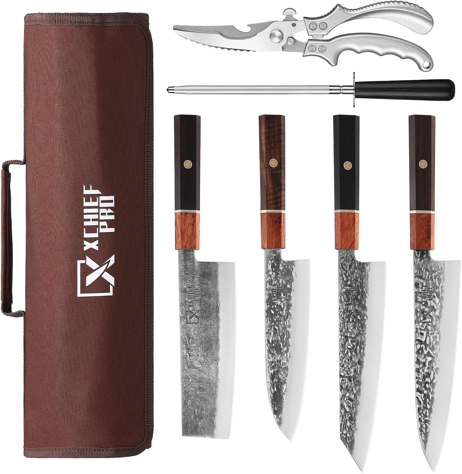 Japan Knife Set, High Carbon Steel Japan Nakiri Santoku Knife Set, Hand Forged Meat Cleaver Butcher Knife with Accessories for Kitchen, Camping BBQ Knives Set with Bag