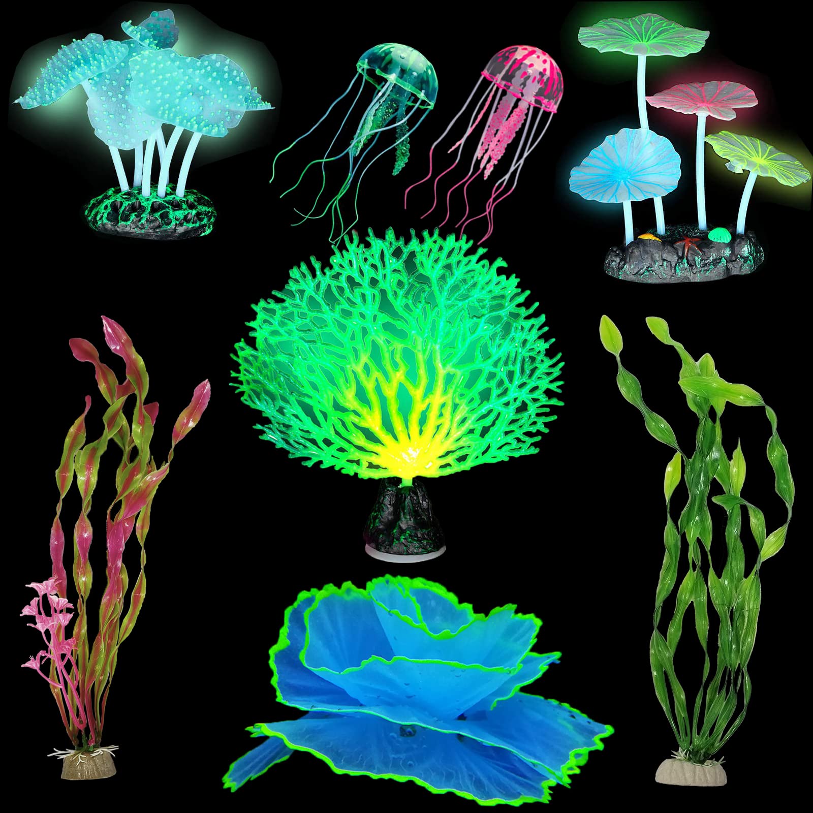 8 PCS Glowing Fish Tank Decorations, Silicone Fake Plants for Fish Tank Glow Aquarium Decor Plastic Plants Sea Anemone, Simulation Coral, Jellyfish, Lotus Leaf, Mushroom