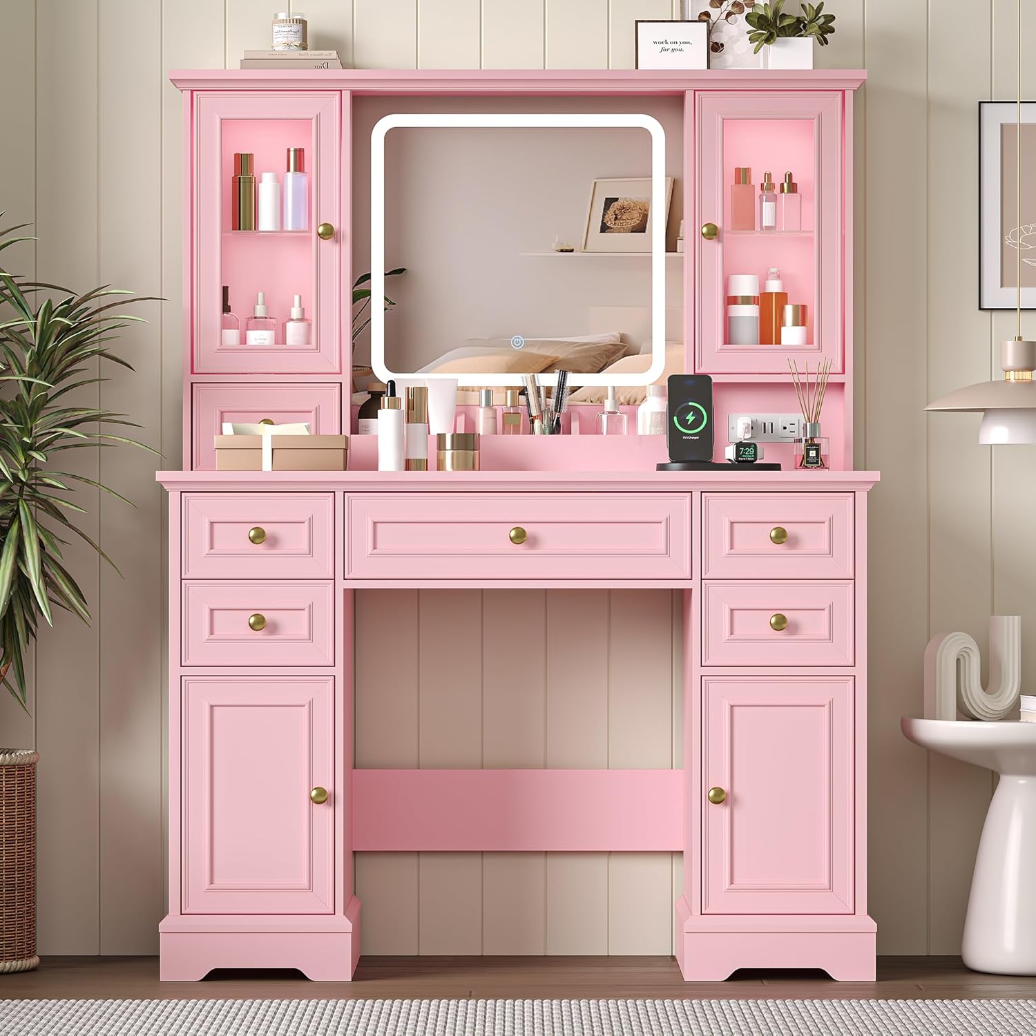 Makeup Vanity Desk with Mirror and Lights, Farmhouse Vanity Table Set with 6 Drawer&Charging Station, Makeup Table with RGB Cabinets, Pink Vanity with Lighted Mirror for Girls Women, 3 Light Modes