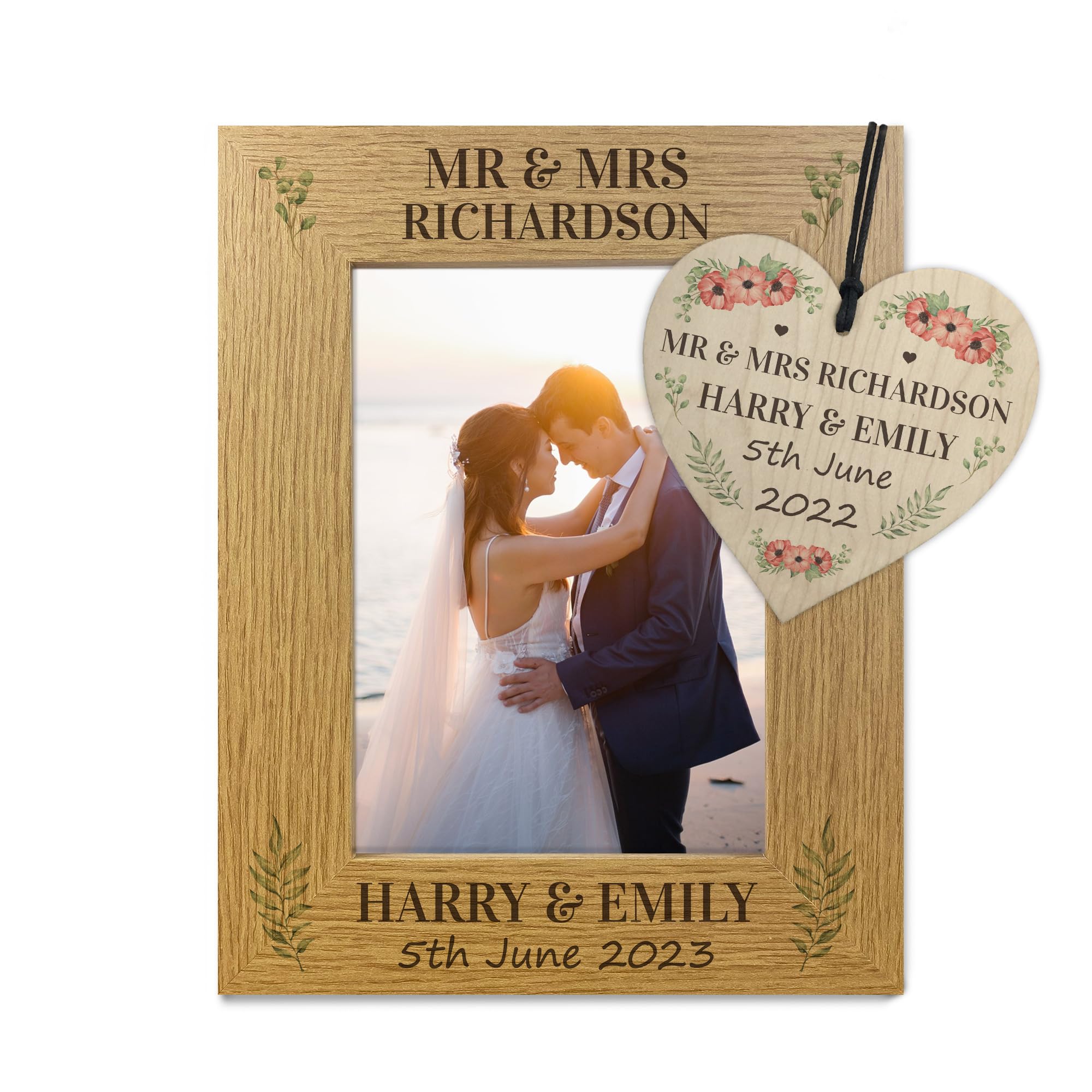 RED OCEAN Personalised Wedding Gift - Wooden Wedding Day Customised 7x5 Photo Frame With Heart Plaque, Wedding Gift For Bride and Groom, Wedding Anniversary, Newly Wed Gifts