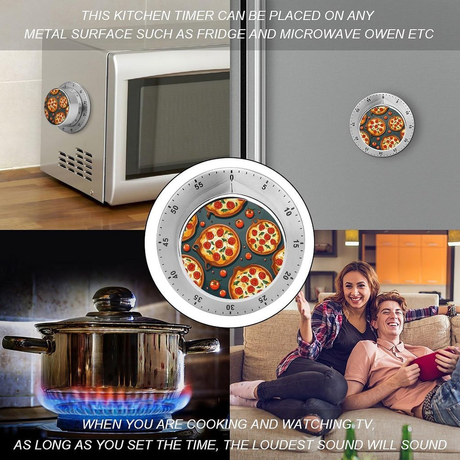 Pizza Food Stainless Steel Timer, Kitchen Timer with Magnetic Base, Countdown Timers for Gym, Office, Cooking, Baking, Jogging