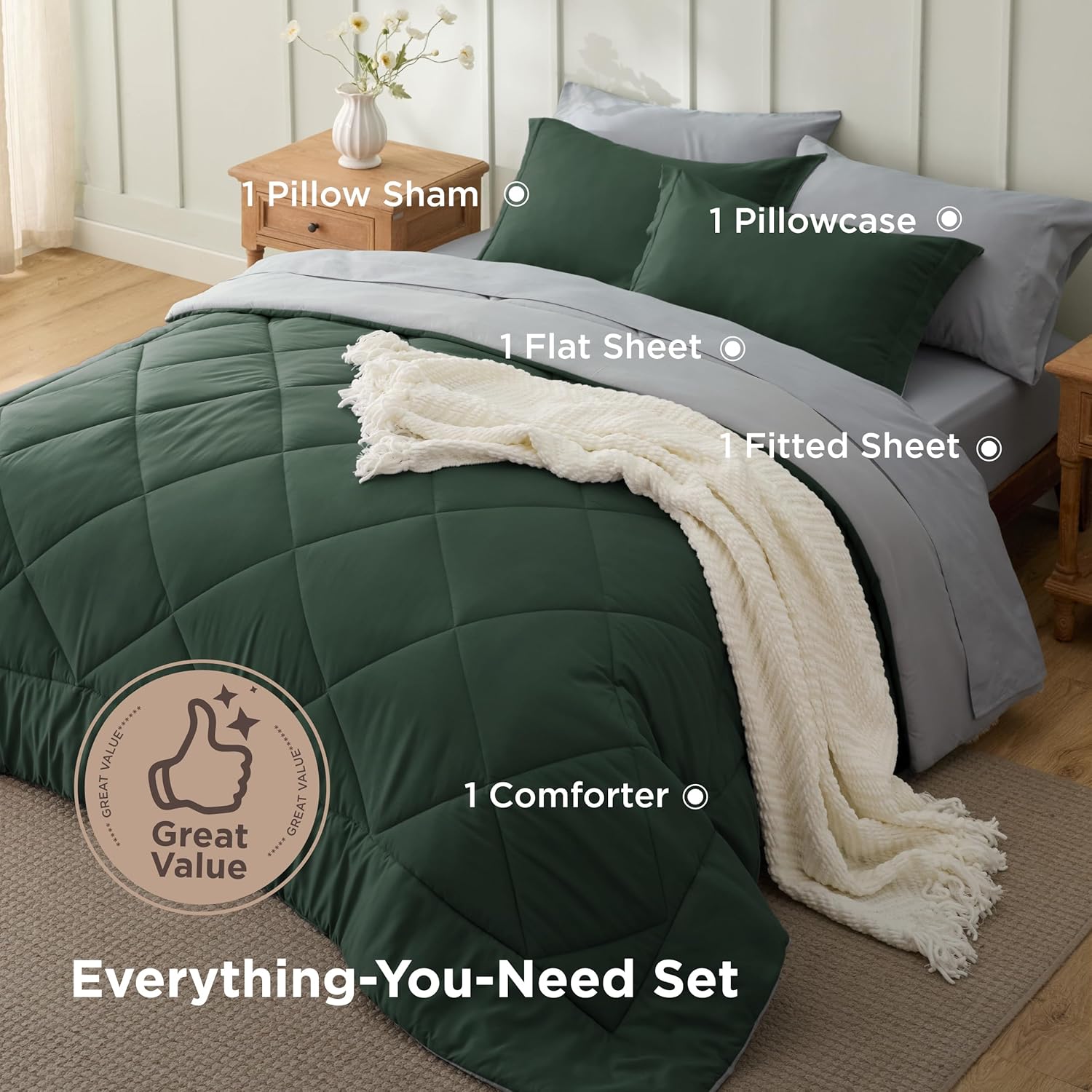 Bedsure Twin Comforter Set - 5 Pieces Reversible Forest Green Bedding, Twin Size Bed Set for All Seasons, Bed in a Bag with Down Alternative Comforter, Sheets, Pillowcase & Sham - Image 3