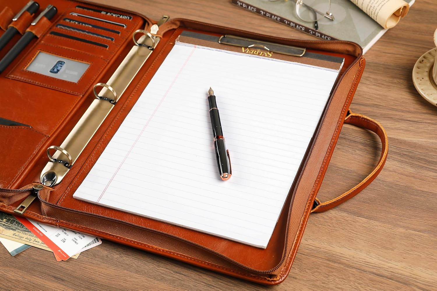 Leather Portfolio Binder with Clipboard, Letter Size Notepad Padfolio with Handle, Work Portfolio Organizer for Men, Oil Brown, Non-Custom