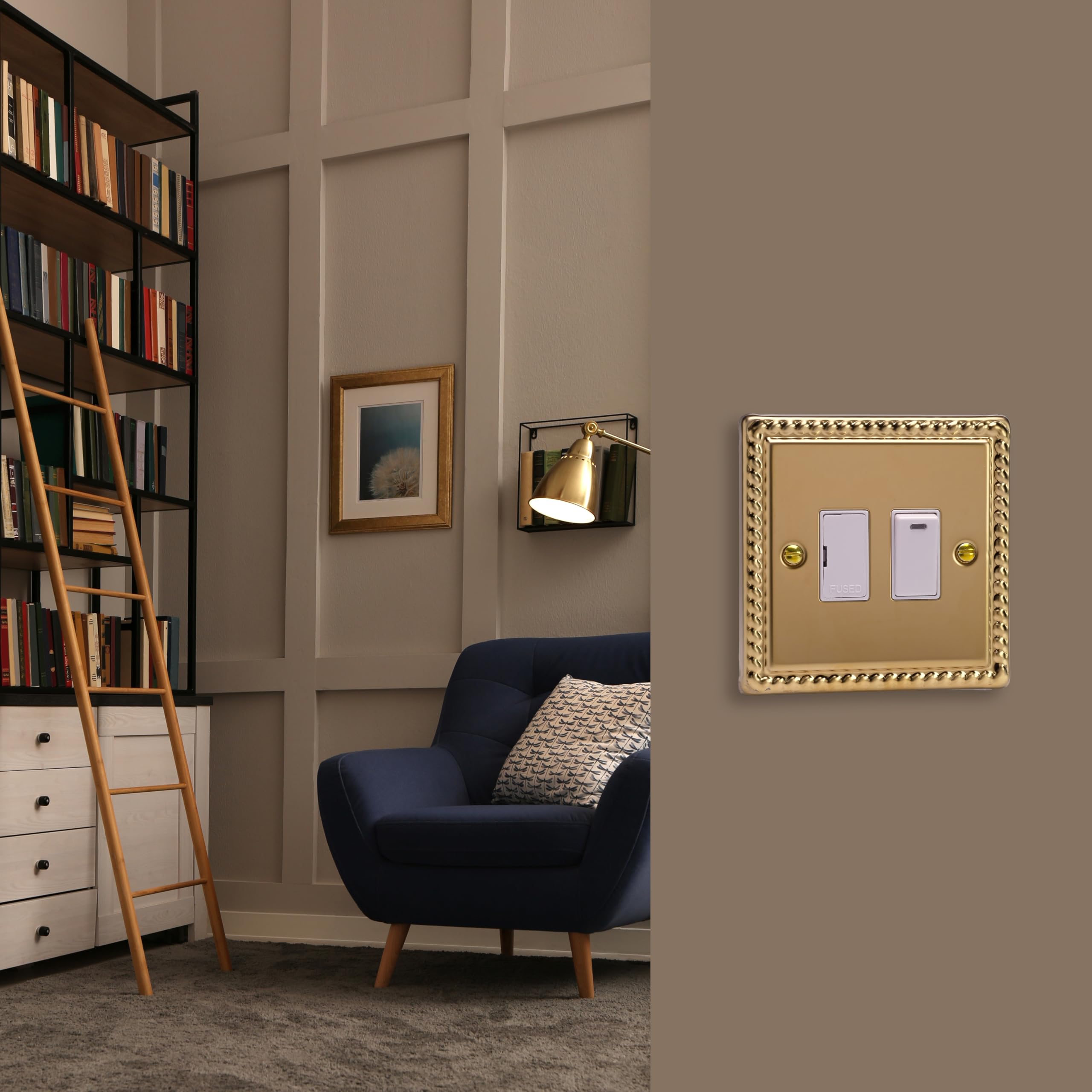 Varilight Switched Fused Spur With Neon - Classic Georgian Brass With White Insert, XG6NW, 95x95x30mm - Image 2