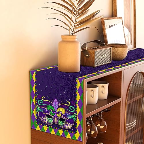 Miniatura 4 de Rvsticty Camino de mesa de lino Mardi Gras de Nueva Orleans Brasi mantel de carnaval de martes gordos decoraciones y suministros para mesa de cocina