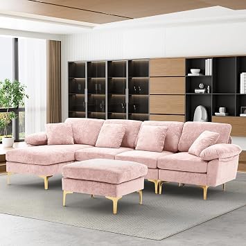 Rophefx U Shaped Sectional Sofa Couch, 114" Convertible L Shaped Sofa with Chaise Lounge & Ottoman,Orange