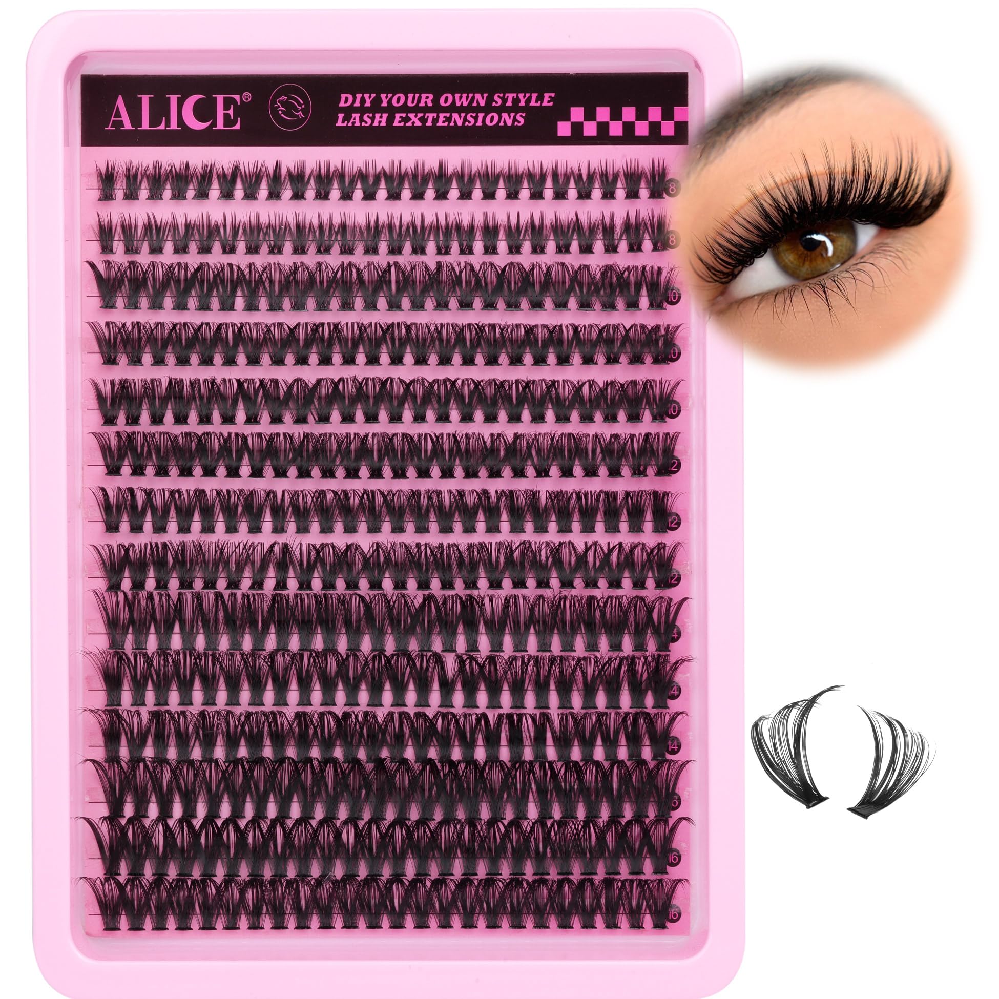 ALICECluster Eyelash Extensions 336pcs 50D Lash Clusters DIY Lash Extensions Wispy Faux Mink Eyelash Clusters Mix 8-16mm D-Curly Individual Lashes