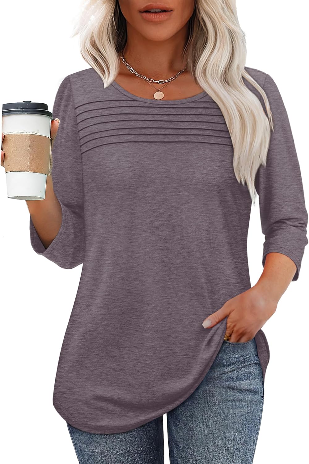 OFEEFAN Womens Tops 3/4 Length Sleeve Blouses Dressy Casual Spring Summer Fall Outfits Pleated Front T Shirts Curved Hem - Image 2