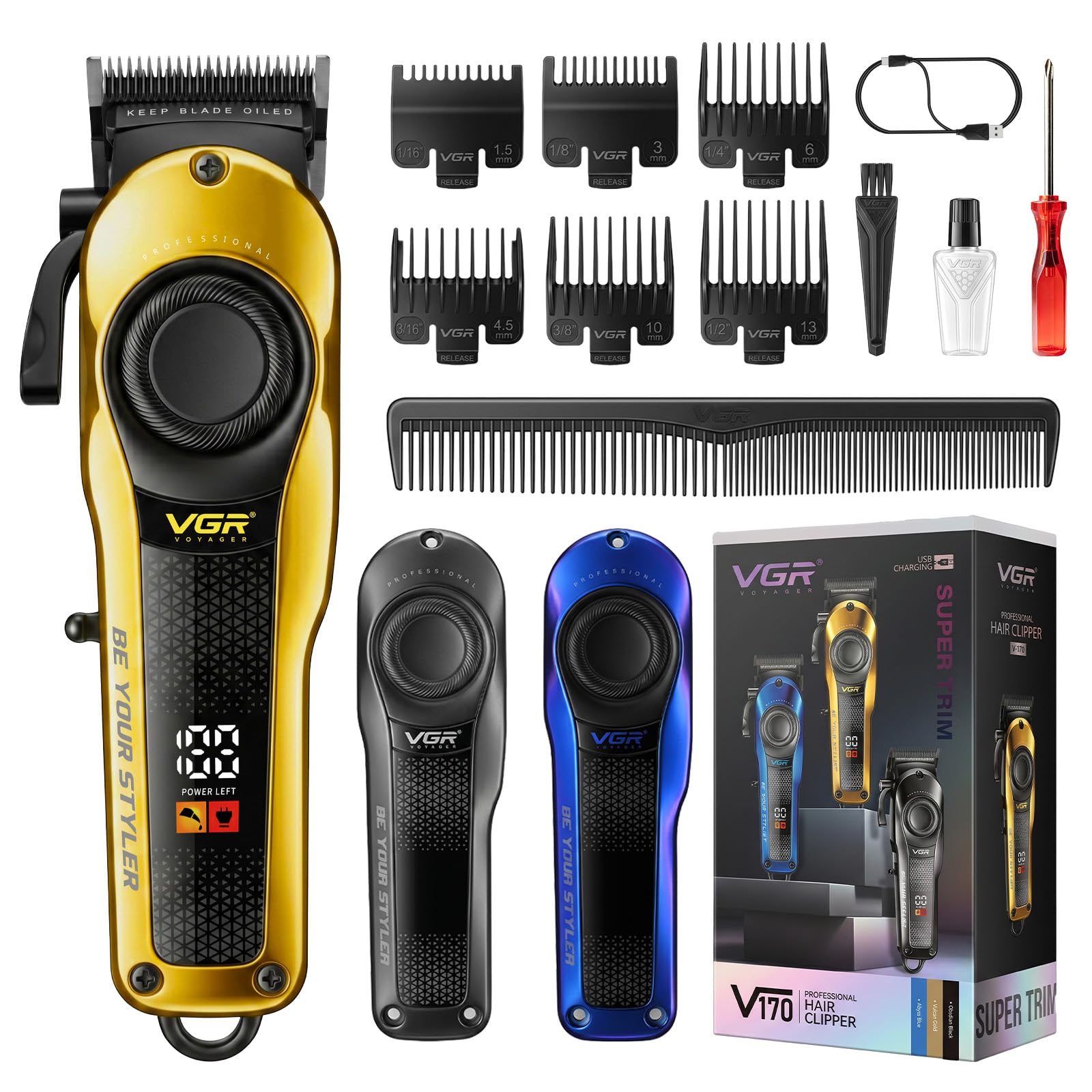 VGR 170 Maquina Cortar pelo Profesional, Palanca de Ajustable, Titanio | Recortadora Inalámbrica Para Hombre Con 2 Cubiertas Modulares, Cuchilla Con Recubrimiento De Titanio, Carga USB, Pantalla LED