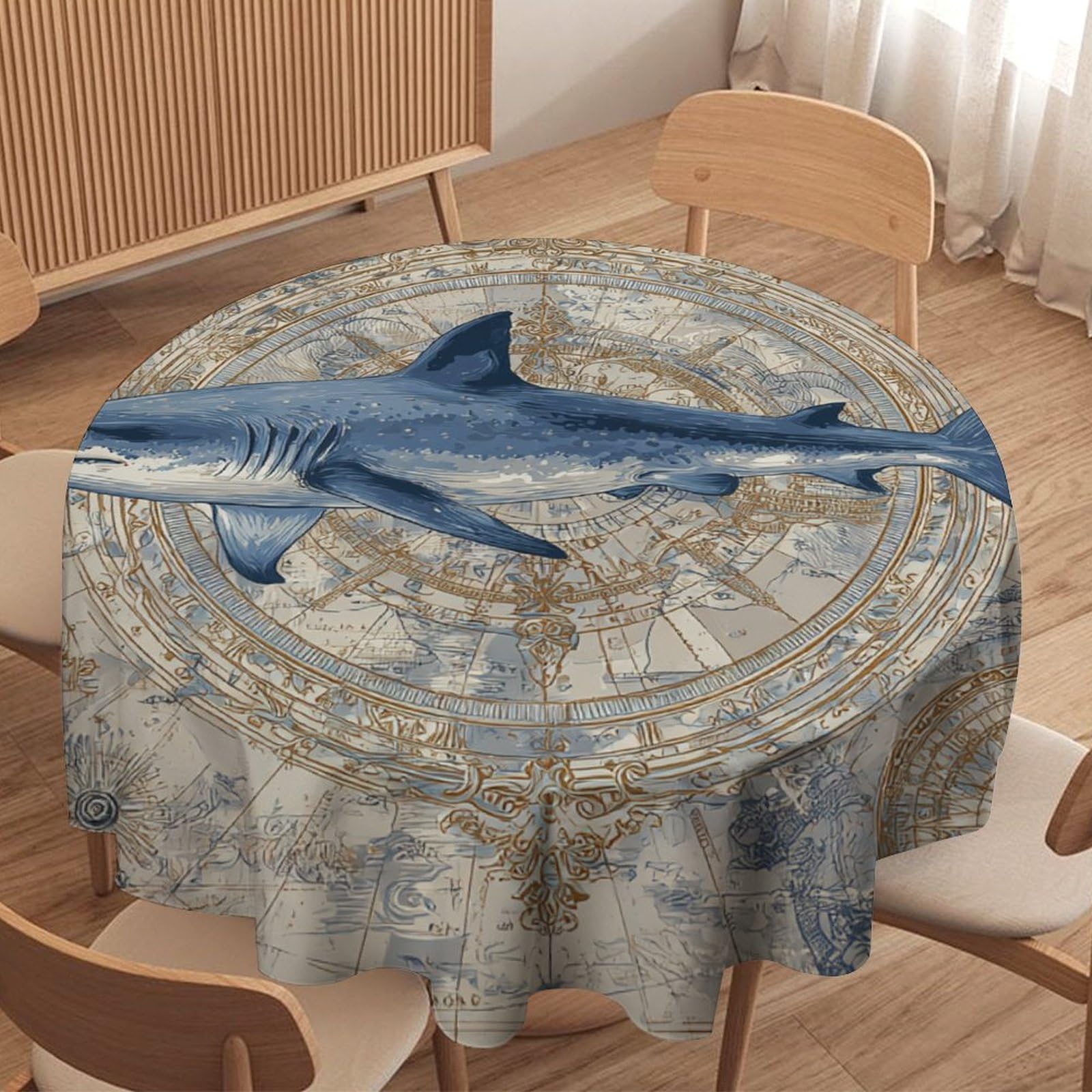 LUYYSKY Retro Mid Century Fish Shark Round Tablecloth Classic Watercolor Old Map Underwater Compass Boat Shark Washable Decor for Table Cover for Kitchen-91.4" Wx91.4 L cm