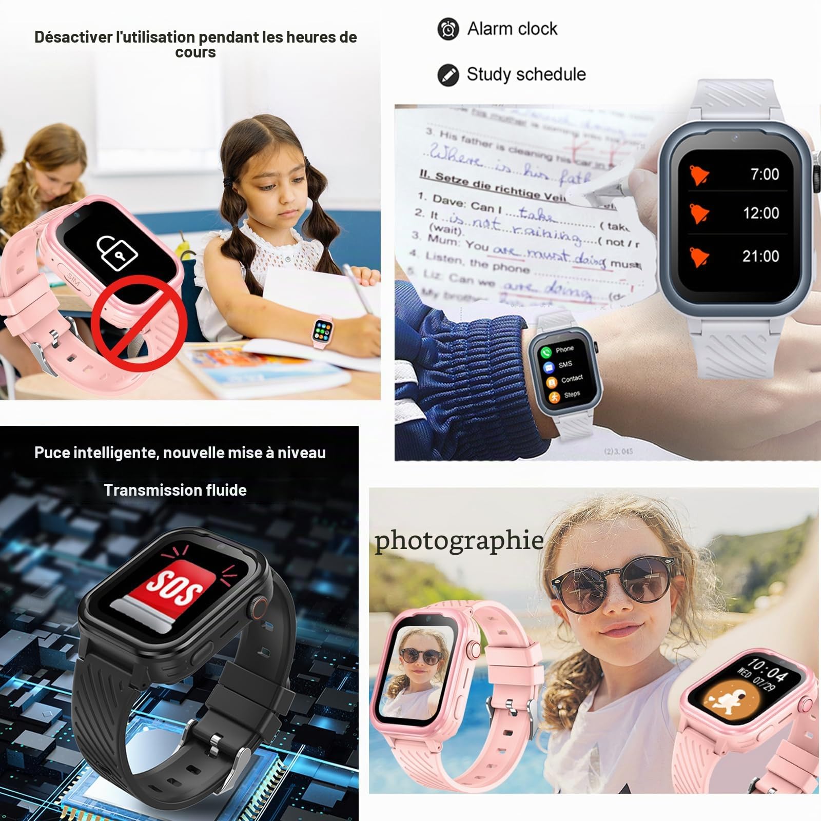 Montre Connectée Enfant 4G/GPS/WiFi/Appel Vidéo/SOS, Cadeaux Montre Connectée Garçons Filles avec Appareil Photo, Musique, Bluetooth, Mode Classe, Réveil, Pédomètre.