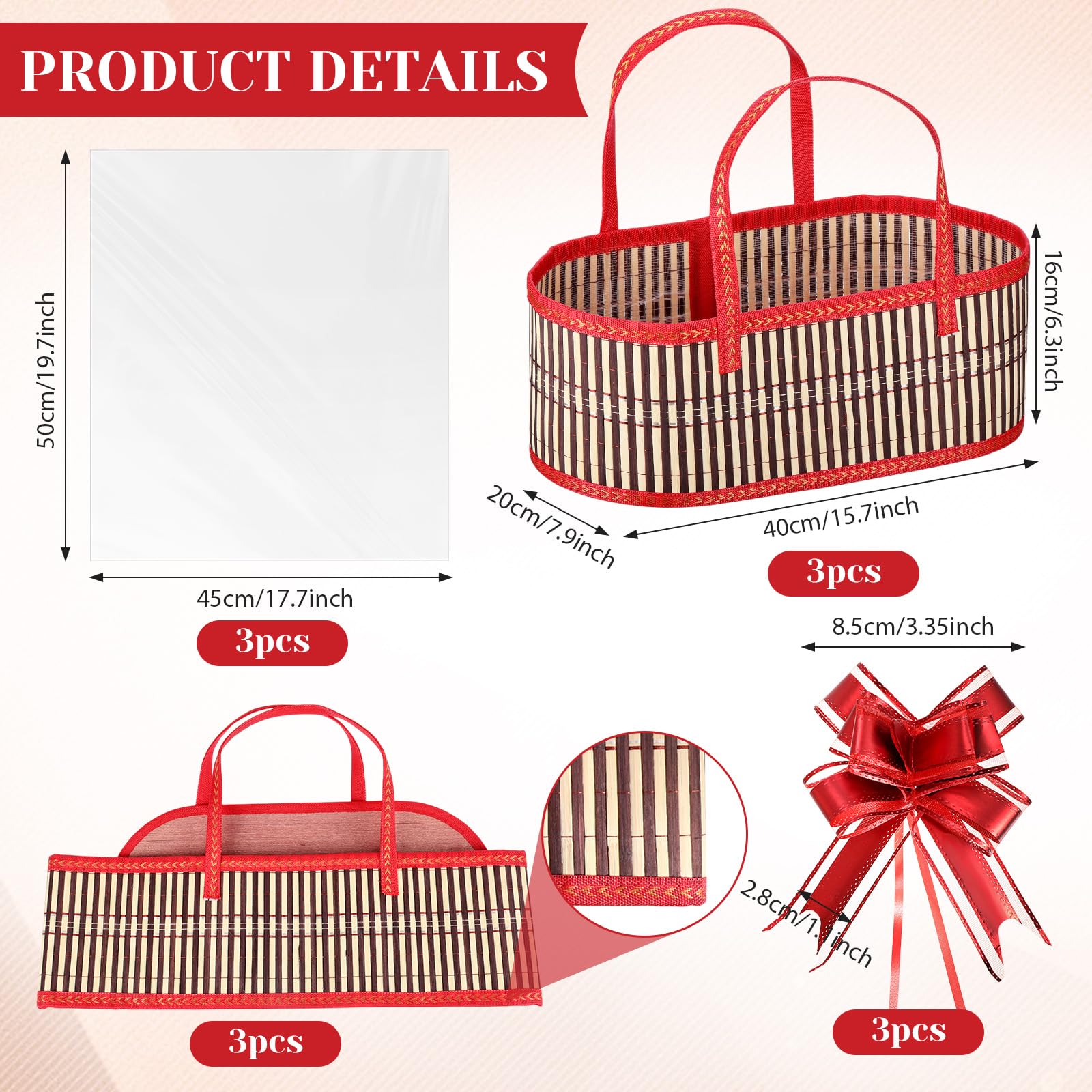 Reallnaive 3 juegos de cestas vacías grandes de bambú tejidas para Navidad, baby shower, fiesta de cumpleaños, cesta de regalo vacía con asas, 15.75 x 7.87 x 6.3 pulgadas, lazos y bolsas de celofán