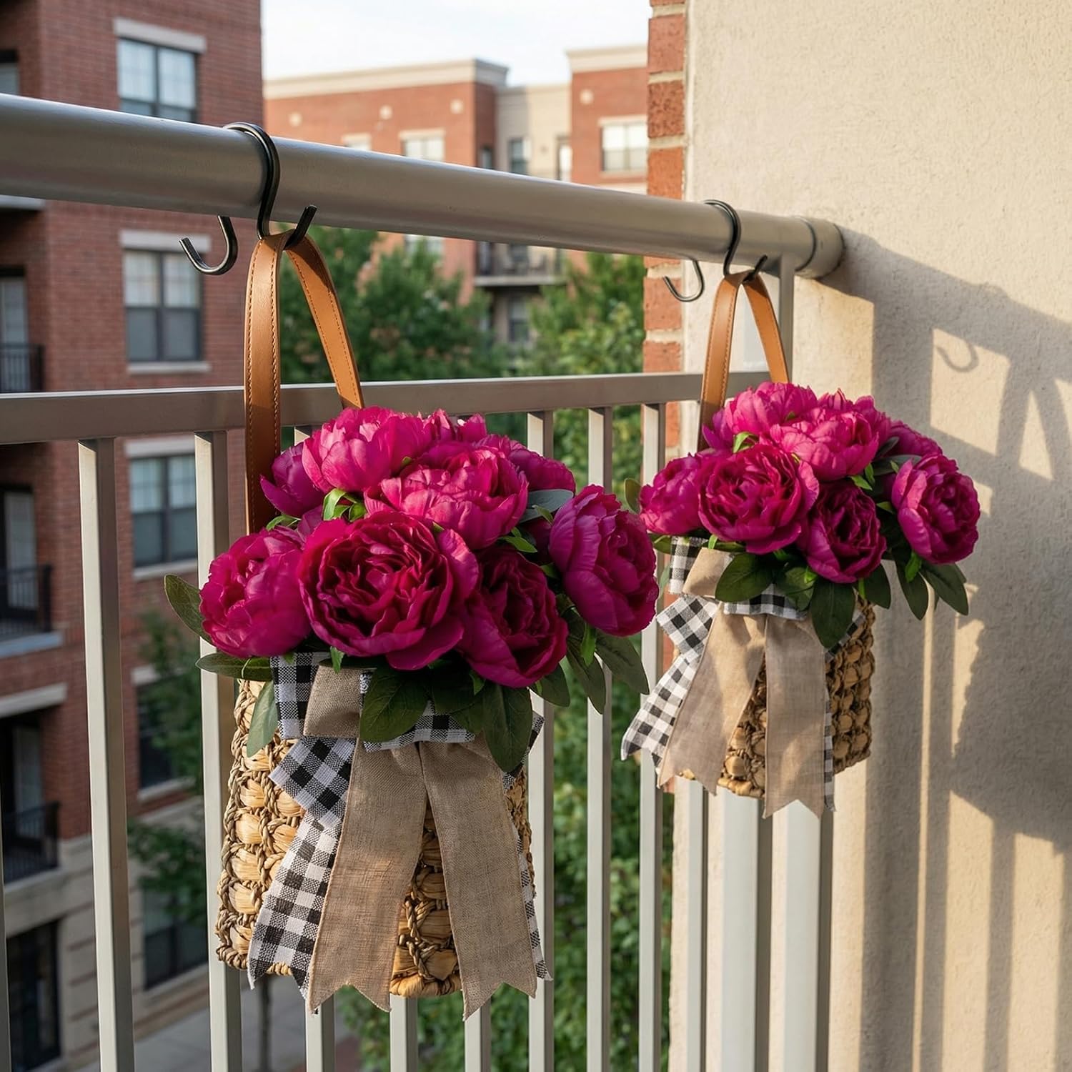 Front Door Basket with 10 Pcs Peonies Artificial Flowers 17in Hanging Basket for Front Door, Woven Wall Baskets for Spring Summer Garden Farmhouse Home Boho Wall Decor