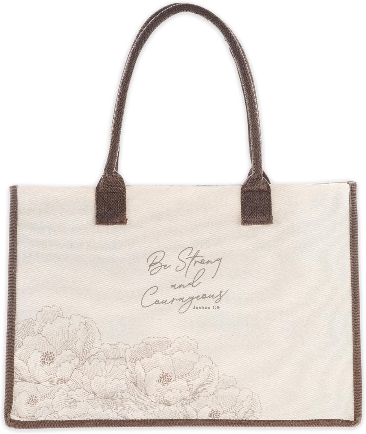 Christian Art Gifts Sturdy Canvas Scripture Tote Bag for Women: Strong & Couragous Encouraging Bible Verse for Shopping, Supplies, Easy Shoulder Carry Handles, Reusable, Creamy Beige & Brown Floral