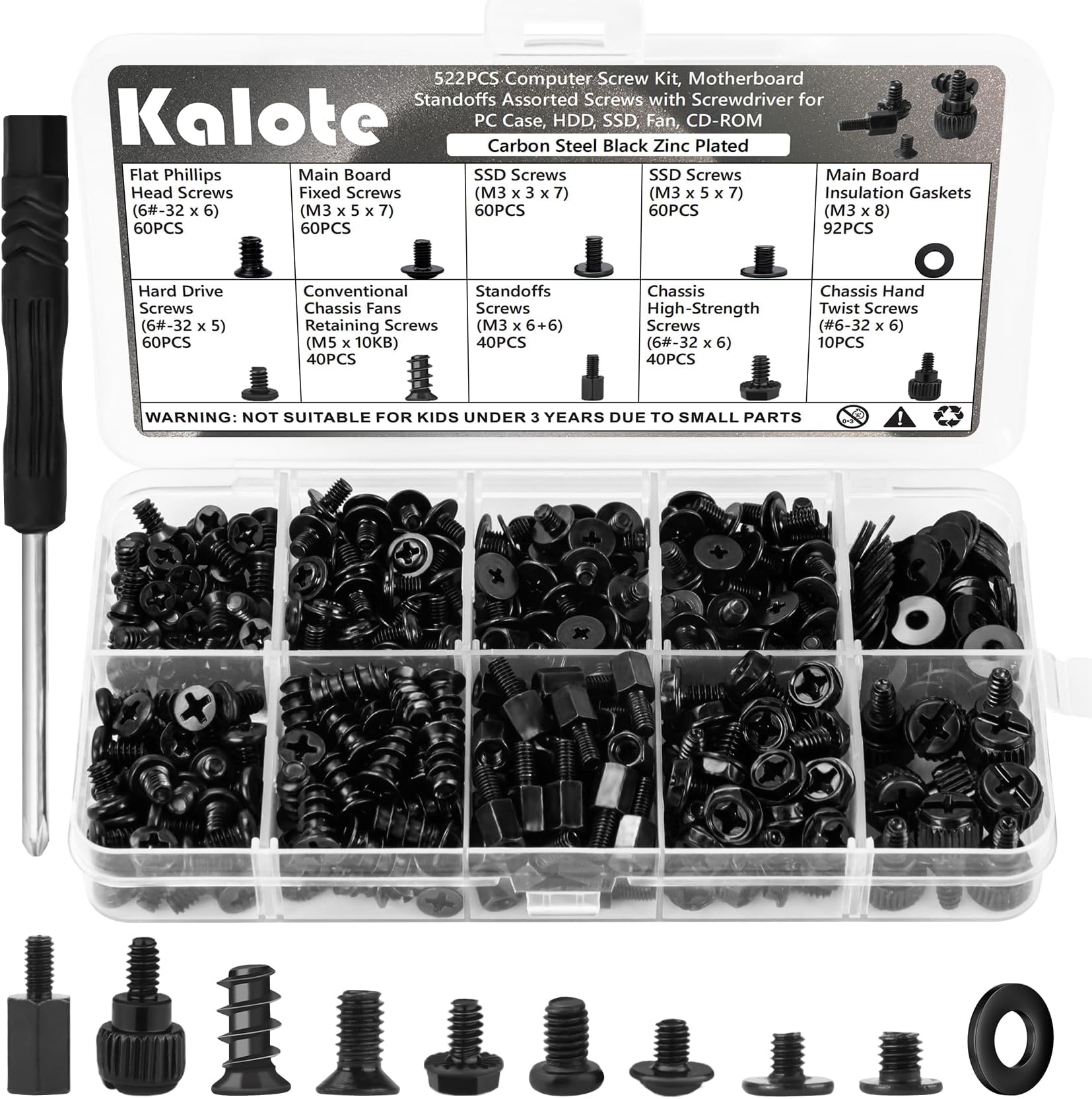 522Pcs Computer Screws Kit with Screwdriver, Black Carbon Steel