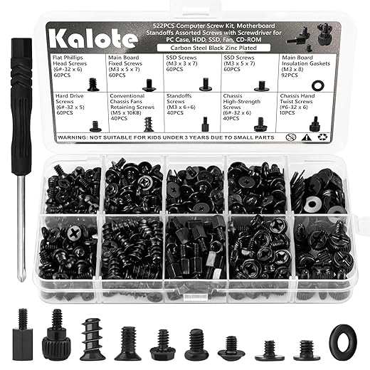 522PCS Computer Screw Kit, Carbon Steel Rust-Resistant Laptop PC Screws Assortment Set with M.2 SSD Screws, Motherboard Standoffs, HDD Case Fan Screws & Gaskets for ASUS Gigabyte MSI HP Dell