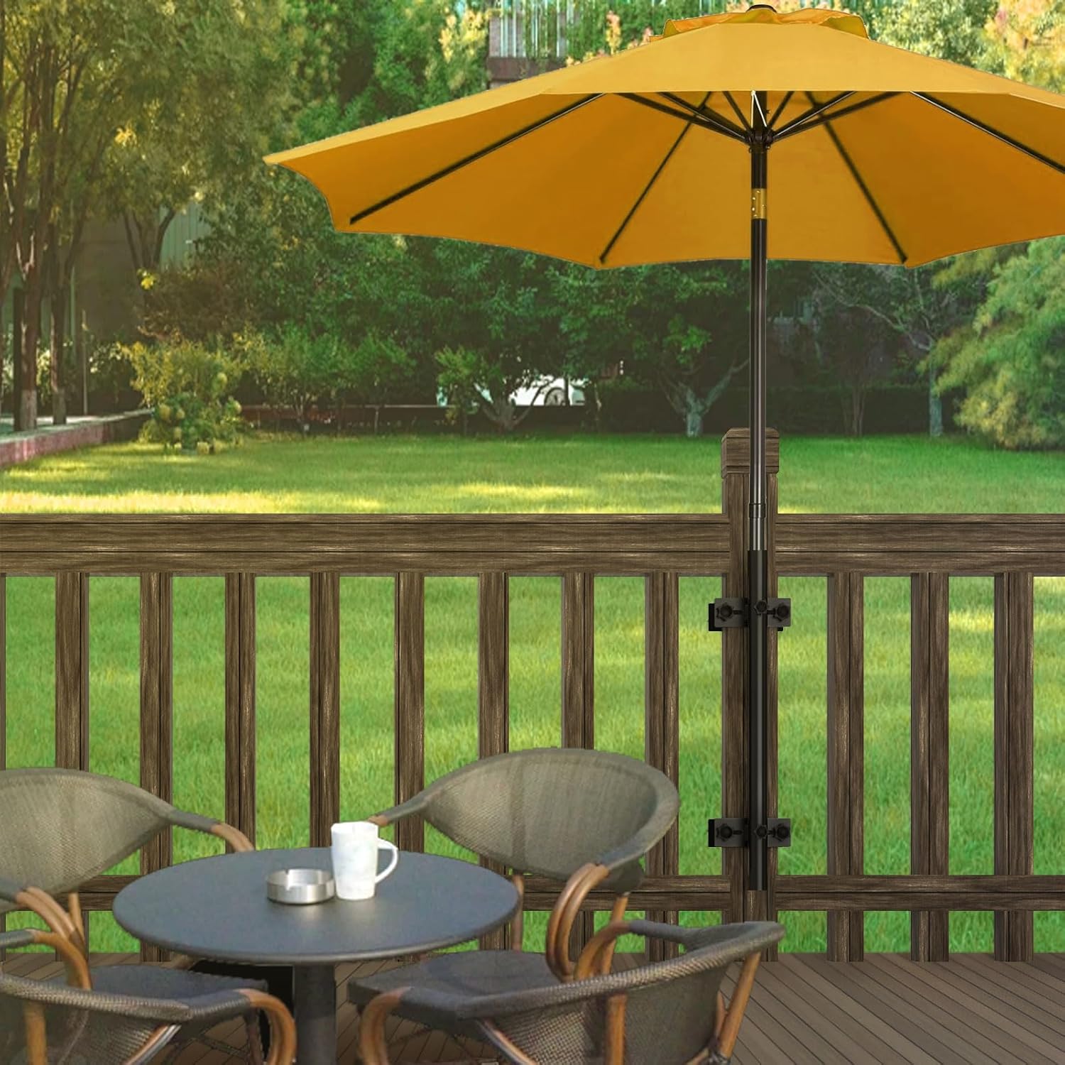 Linone Patio Umbrella Holder, Heavy-Duty Umbrella Holder for Deck, Stainless Steel Deck Umbrella Mount Stand -Sturdy Base for Railing-Mounted Deck Clamps with Pole Maximizing Patio Space and Shade