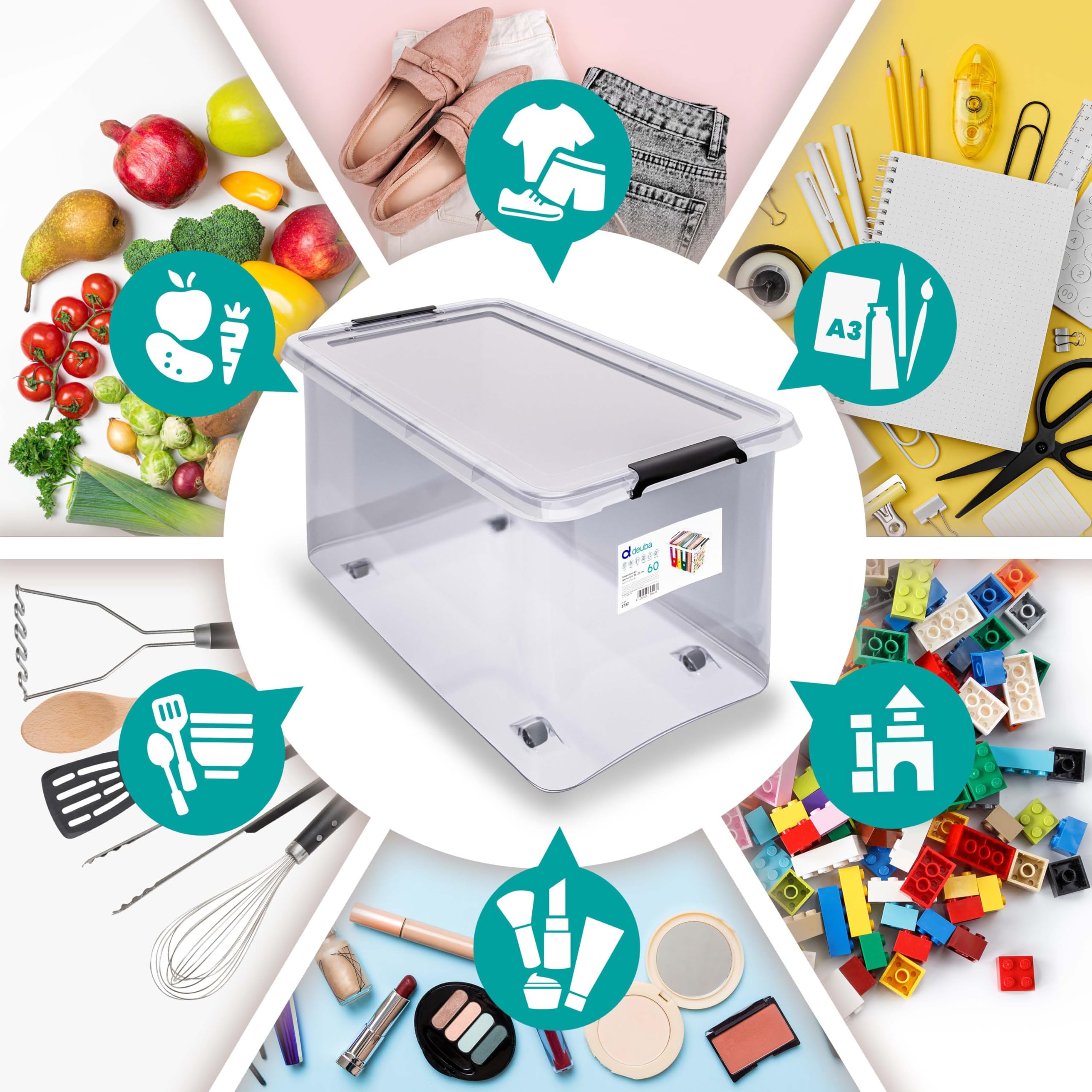 Deuba® 4X Boîte de Rangement 60L en Plastique Transparent empilable sans BPA Gain de Place Caisse de Rangement roulettes