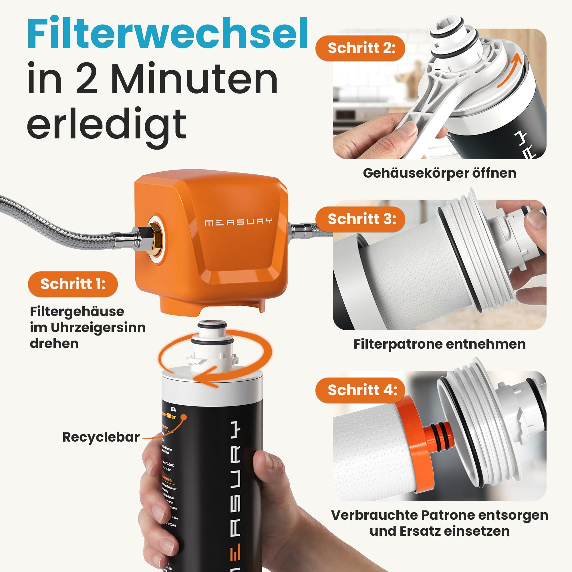 Measury Kalkfilter Untertisch - Wasserfilter Kalk für Wasserleitung & Küchenarmatur - 3-stufiger Trinkwasserfilter gegen Kalk, Chlor, Sand, Rost - 8 L/Min, kein zweiter Wasserhahn, Mineralien bleiben