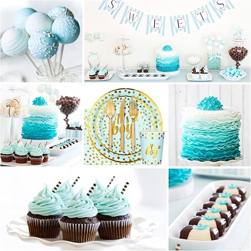 Miniatura 4 de Lallisa 350 piezas de suministros de fiesta azules y dorados desechables para 50 invitados, platos de papel azul con puntos dorados, tazas,