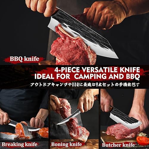 Miniatura 4 de Huusk Juego de cuchillos de carnicero, 4 cuchillos de barbacoa forjados a mano para cortar carne, cuchillos afilados para cortar carne con mango