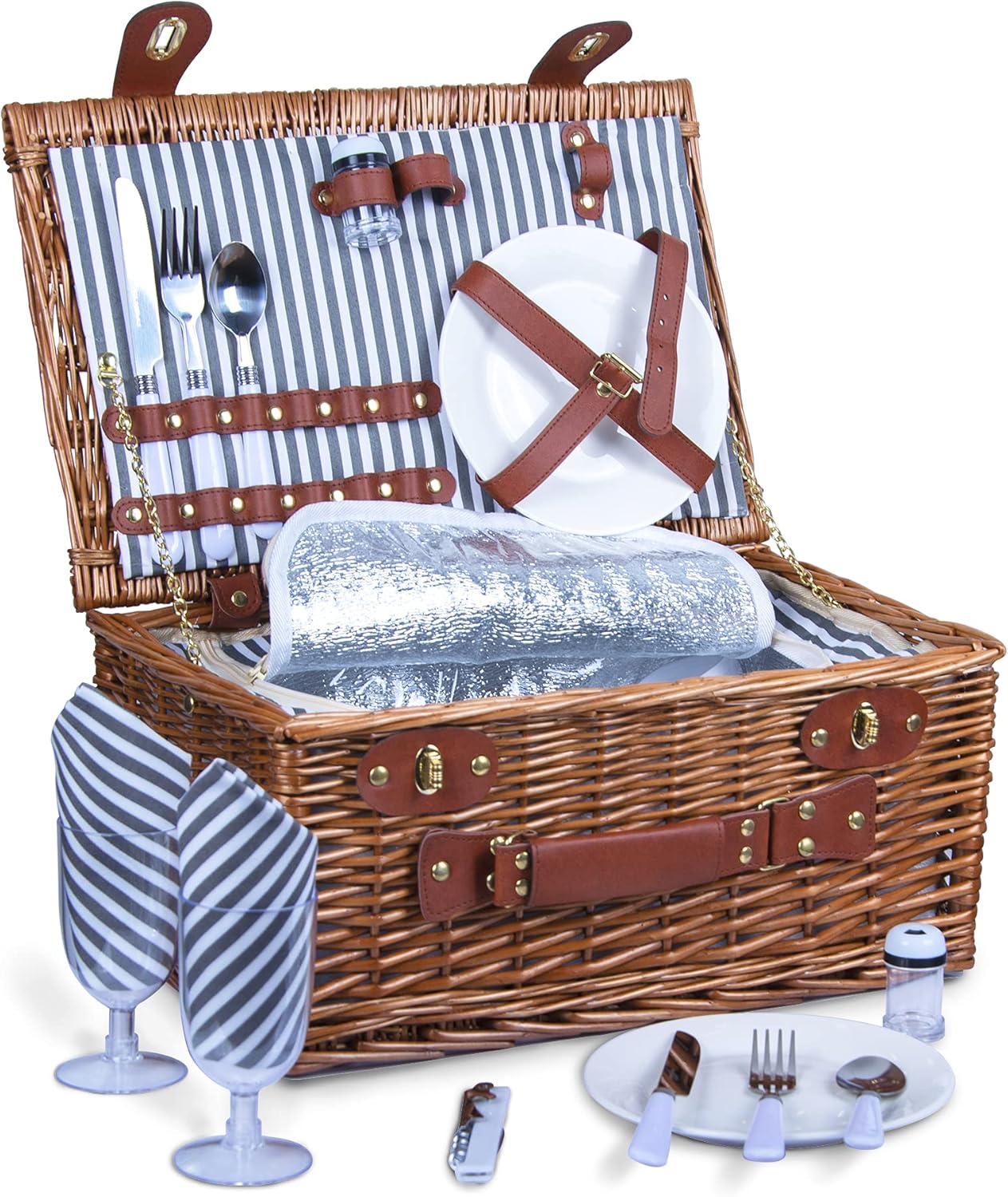 SatisInside Picnic Basket for 2 Wicker Picnic Set with Insulated Liner for Camping,Wedding,Valentine Day,Gift - Reinforced Handle, Grey: Kitchen & Dining