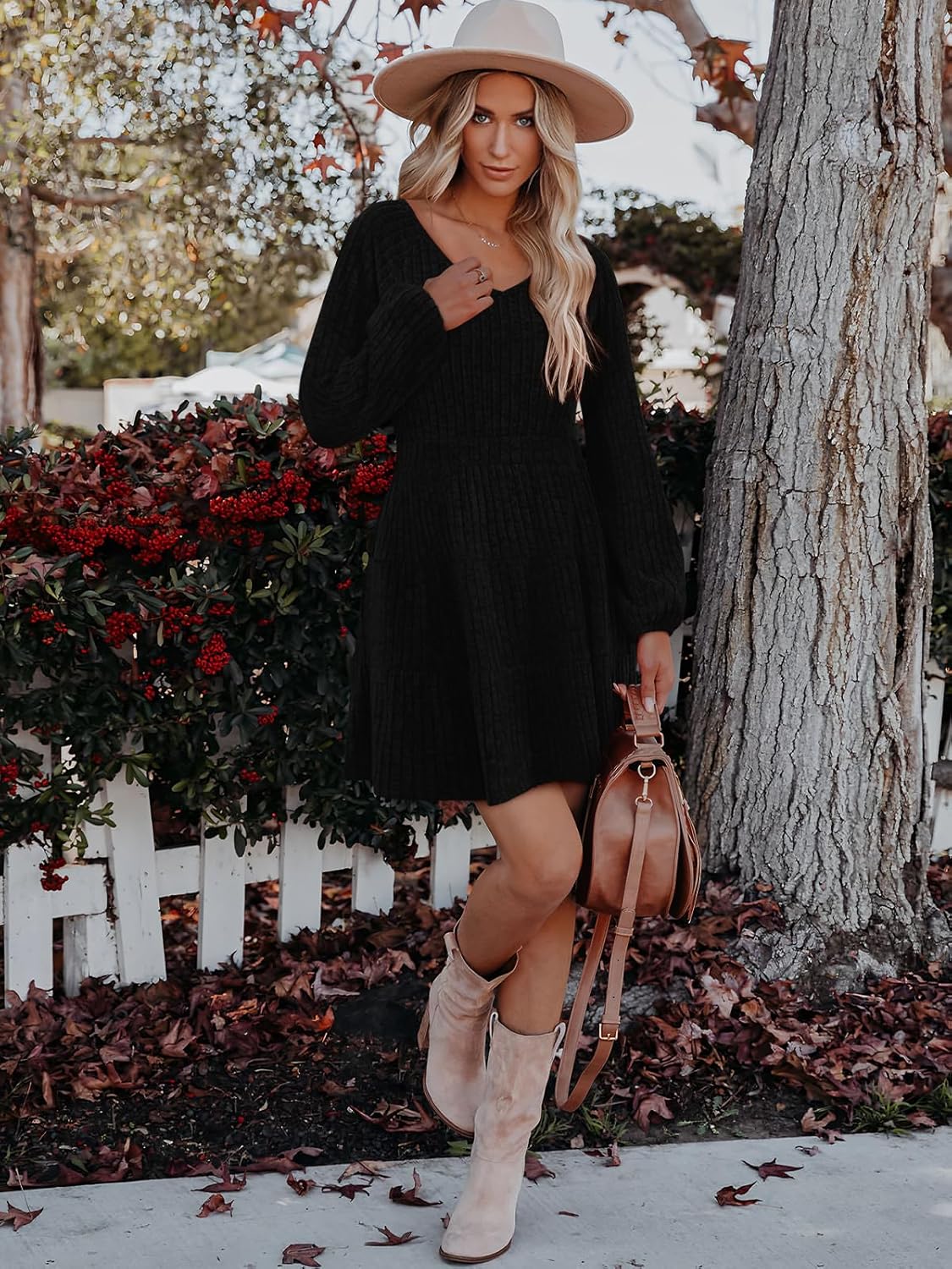 Women's Long Sleeve V Neck Sweater Dress Ribbed Knit Casual Babydoll Tiered Short Mini Fall Tunic Dresses - Image 5