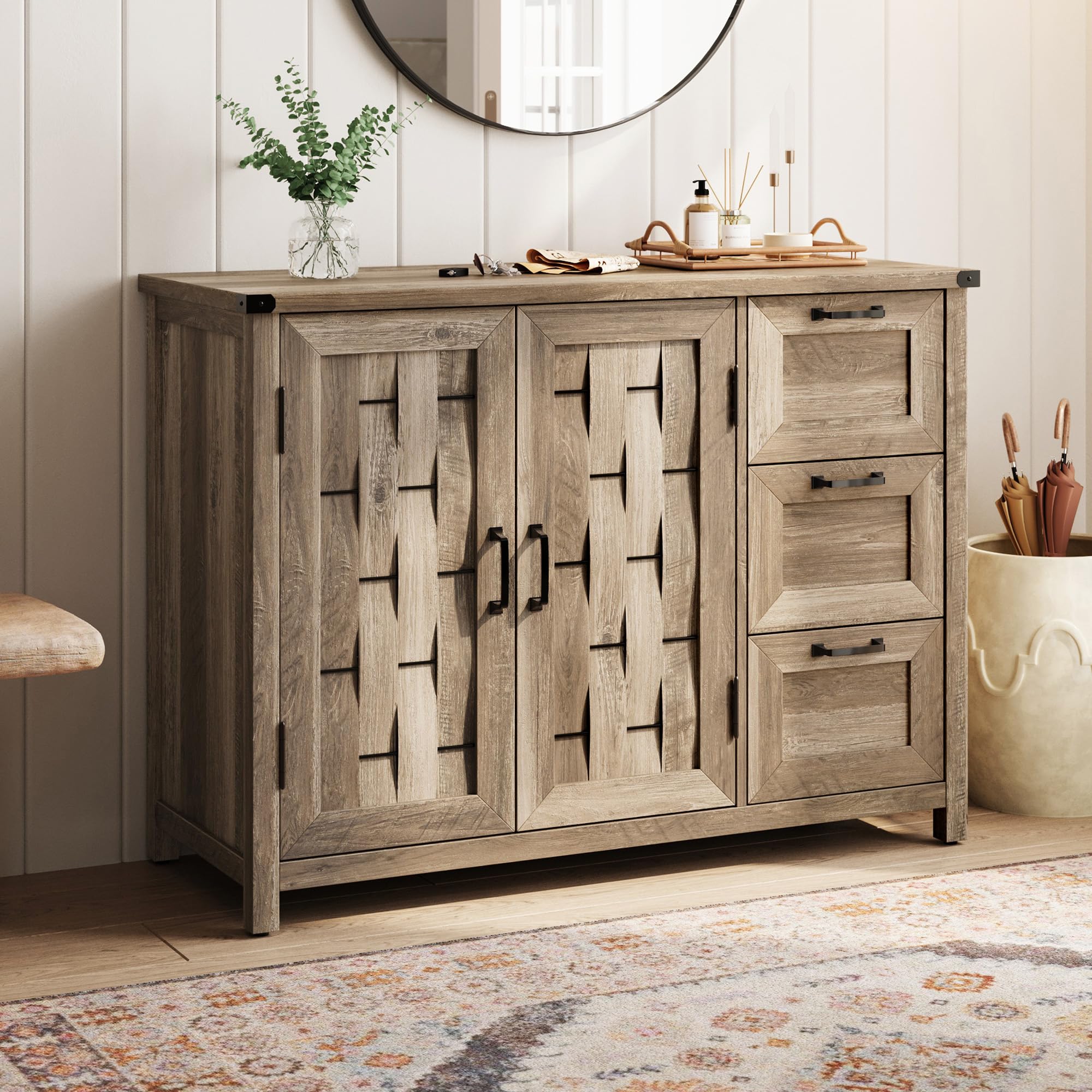 LINSY HOMEFarmhouse Sideboard Buffet Cabinets, 43" W Coffee Bar Storage Cabinets with 3 Drawers and 2 Doors, Rustic Accent Cabinet for Dining Room, Kitchen, Home Bar and Living Room, Light Brown