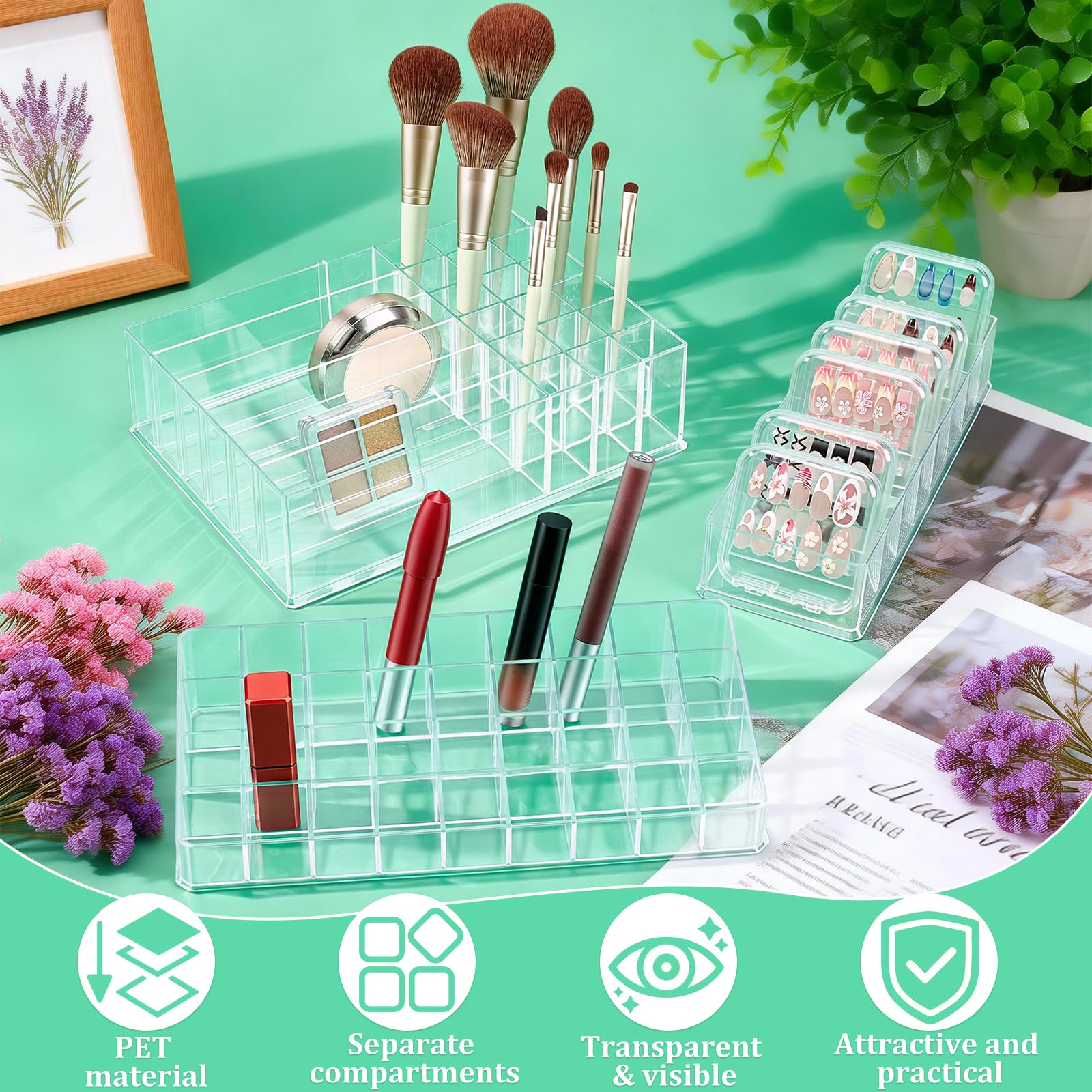 Juego de 3 organizadores compactos de maquillaje acrílico, organizador de lápiz labial, paleta de sombra de ojos, soporte de almacenamiento para el cuidado de la piel, vitrinas de cosméticos
